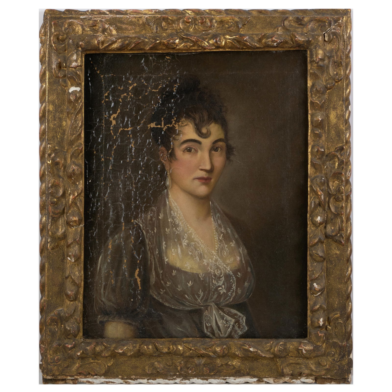 Continental School: Portrait of a Lady with a Lace Scarf: Continental School: Portrait of a Lady with a Lace Scarf Oil on canvas, unsigned, with label from The Brooklyn Museum. 24 1/2 x 19 1/2 in., 32 x 27 in. (frame). Private Collection, New York.