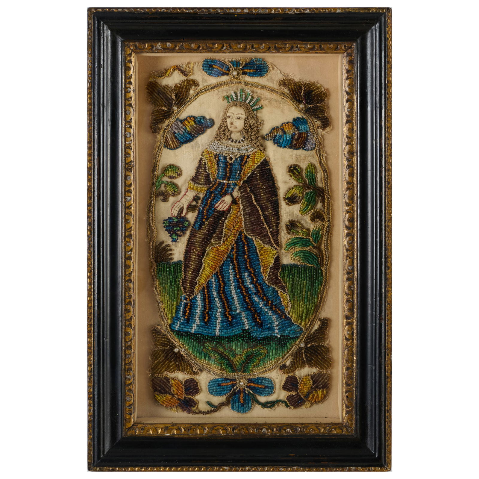 Rare Charles II Stumpwork and Beadwork Fragment, Probably Depicting Catherine of Braganza: Rare Charles II Stumpwork and Beadwork Fragment, Probably Depicting Catherine of Braganza 12 3/4 x 8 in. (framed). Sold Sotheby's, New York, Nov. 25, 1986, Lot 206. Collection of Susan and Alan Miller