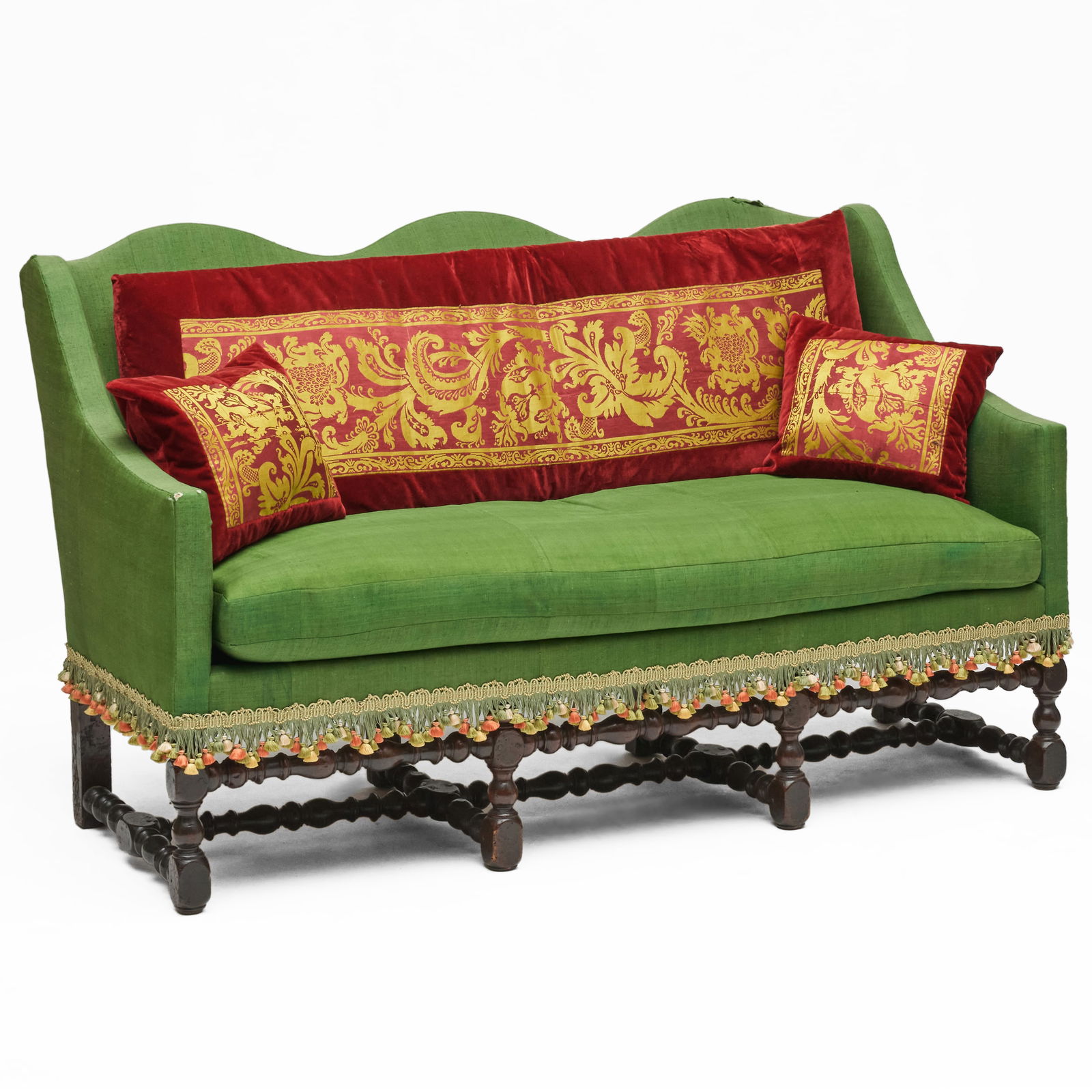 William and Mary Mahogany and Upholstered Settee with Three Cushions: William and Mary Mahogany and Upholstered Settee with Three Cushions 42 x 5 ft. 9 1/2 x 34 in. Collection of Susan and Alan Miller, NY.
