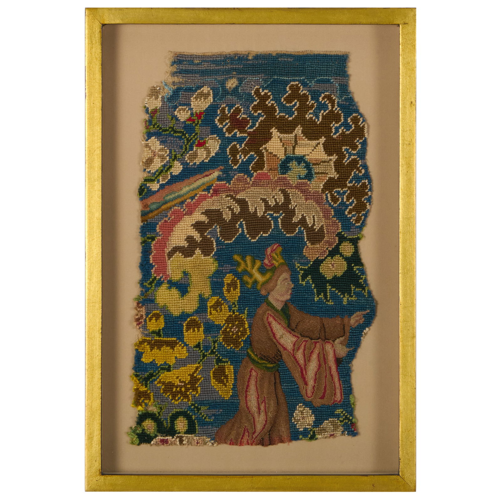 English Floral and Figural Silk and Wool Needlework Tapestry Fragment: English Floral and Figural Silk and Wool Needlework Tapestry Fragment 17 1/2 x 12 in. (framed). Collection of Susan and Alan Miller, NY.