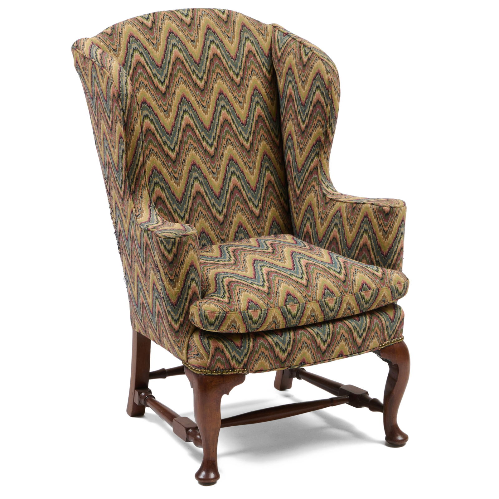 Queen Anne Style Mahogany Wing Chair with Flame Stitch Upholstery, possibly Boston: Queen Anne Style Mahogany Wing Chair with Flame Stitch Upholstery, possibly Boston 44 1/2 x 30 x 29 in., seat height 18 in. W. M. Schwind, Jr. Yarmouth, ME, July 19, 1999. Collection of Susan and Alan