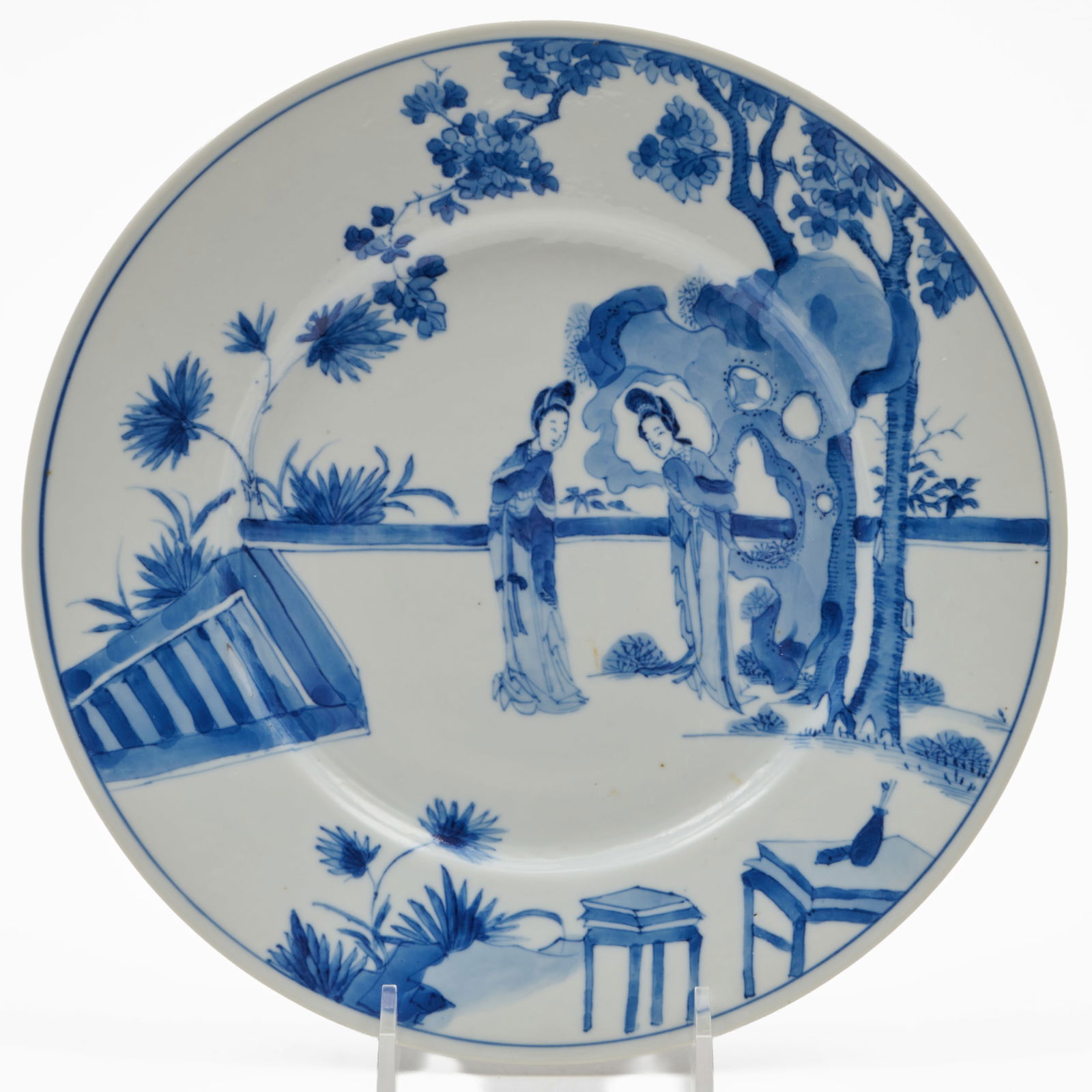 Chinese Blue and White Porcelain Plate of Beauties in a Garden: Chinese Blue and White Porcelain Plate of Beauties in a Garden Blue six character mark within a double circle. 8 3/4 in. diam. With applied label for R. & G. McPherson Antiques, London. Collection of