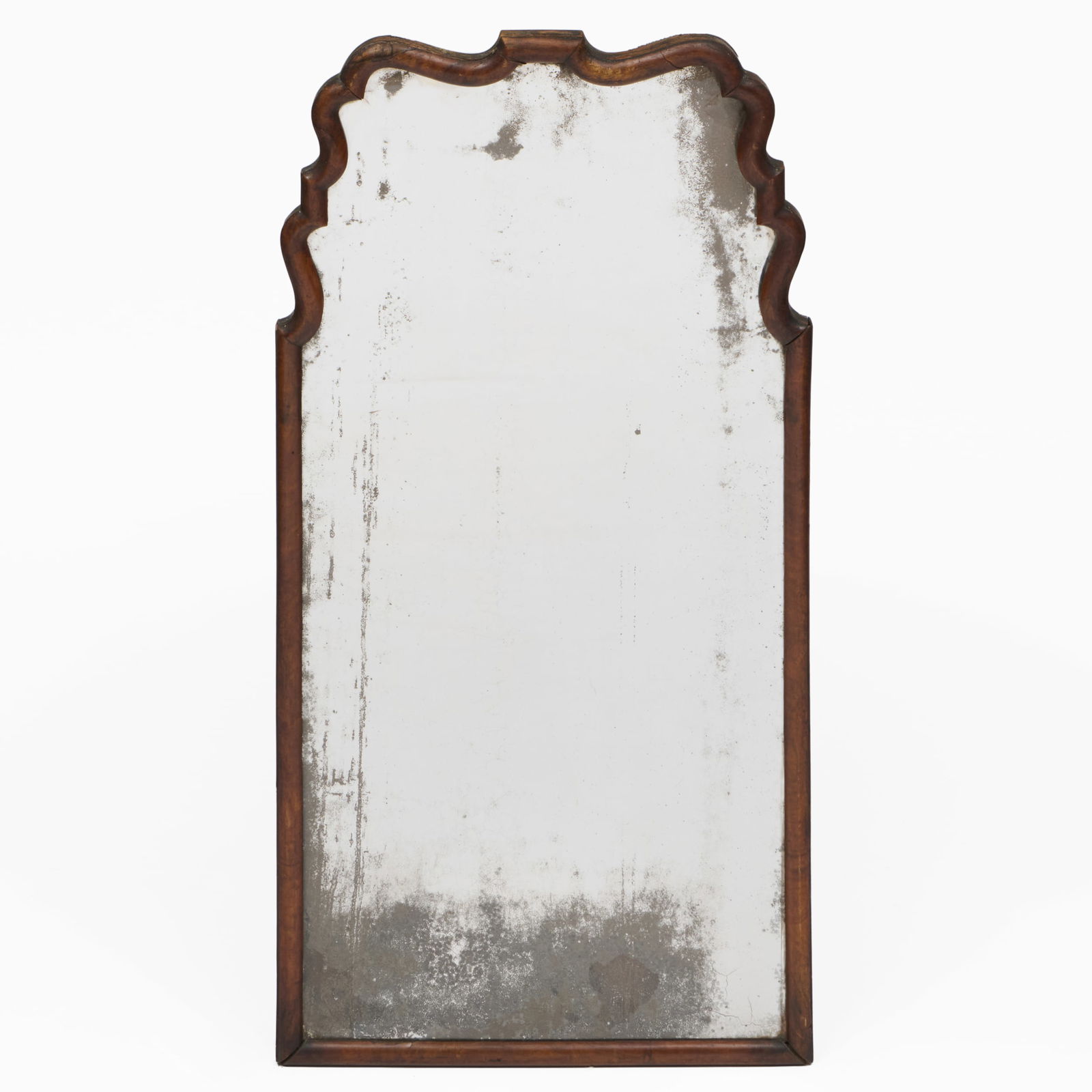 Queen Anne Walnut Mirror: Queen Anne Walnut MirrorFitted with a beveled mirror plate.42 x 21 in. W.M. Schwind, Jr. Antiques & Fine Art, Yarmouth, ME, March 3, 1993.Collection of Susan and Alan Miller, NY.