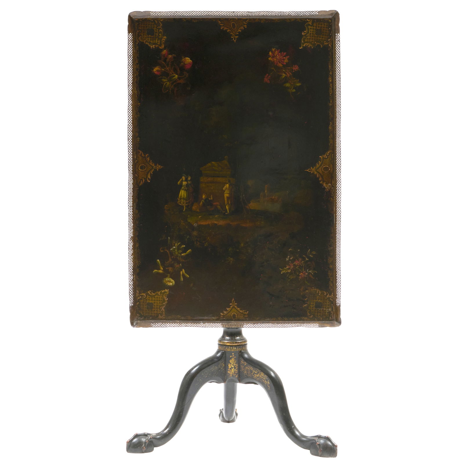 Unusually Large English Pontypool Painted Tole Tray on Tilt-Top Stand: Unusually Large English Pontypool Painted Tole Tray on Tilt-Top Stand 27 1/2 x 33 1/2 x 33 1/2 in. Note: The town of Pontypool, England was the center for decorative iron and tin plated decorations fo