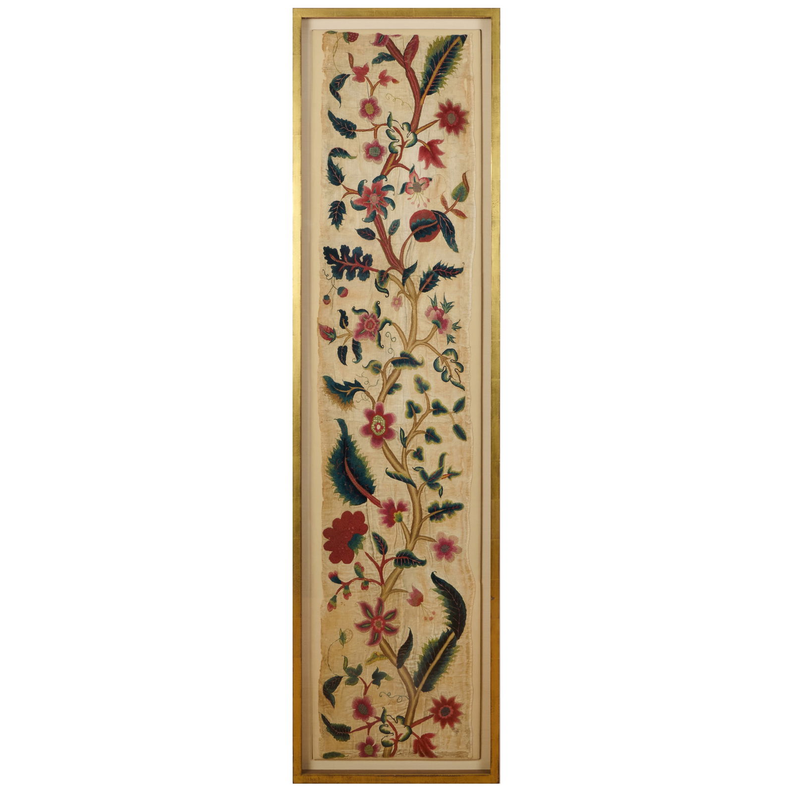 Large English Polychrome Floral Crewelwork Linen Panel: Large English Polychrome Floral Crewelwork Linen Panel5. ft. 4 x 17 1/4 in. framed. Collection of Susan and Alan Miller, NY.