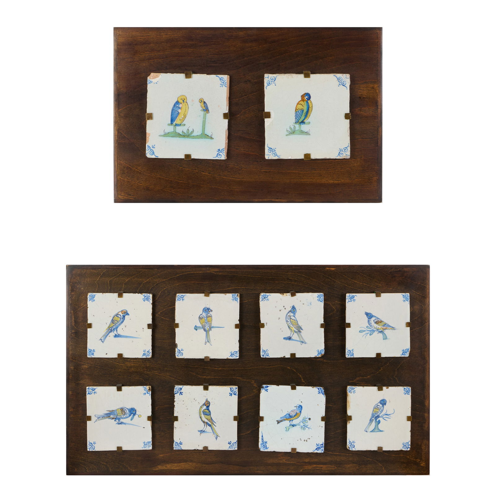Set of Ten Delft Polychromed Tiles with Birds Mounted on Two Wood Panels: Set of Ten Delft Polychromed Tiles with Birds Mounted on Two Wood Panels Each tile 5 x 5 in., the larger panel 16 1/2 x 28 3/4 in., the smaller panel 10 1/2 x 16 in. Collection of Susan and Alan Mille
