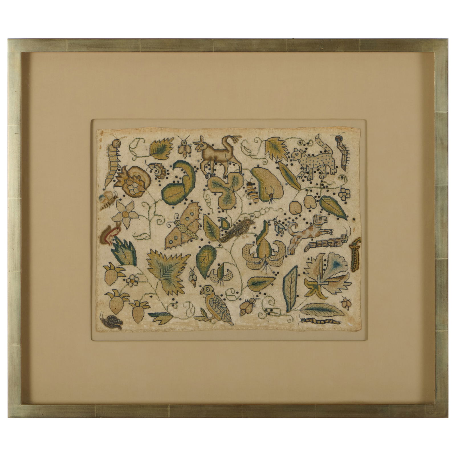 English Flora and Fauna Embroidery Sampler on Silk: English Flora and Fauna Embroidery Sampler on Silk17 x 19 3/4 in. (framed).Collection of Susan and Alan Miller, NY.