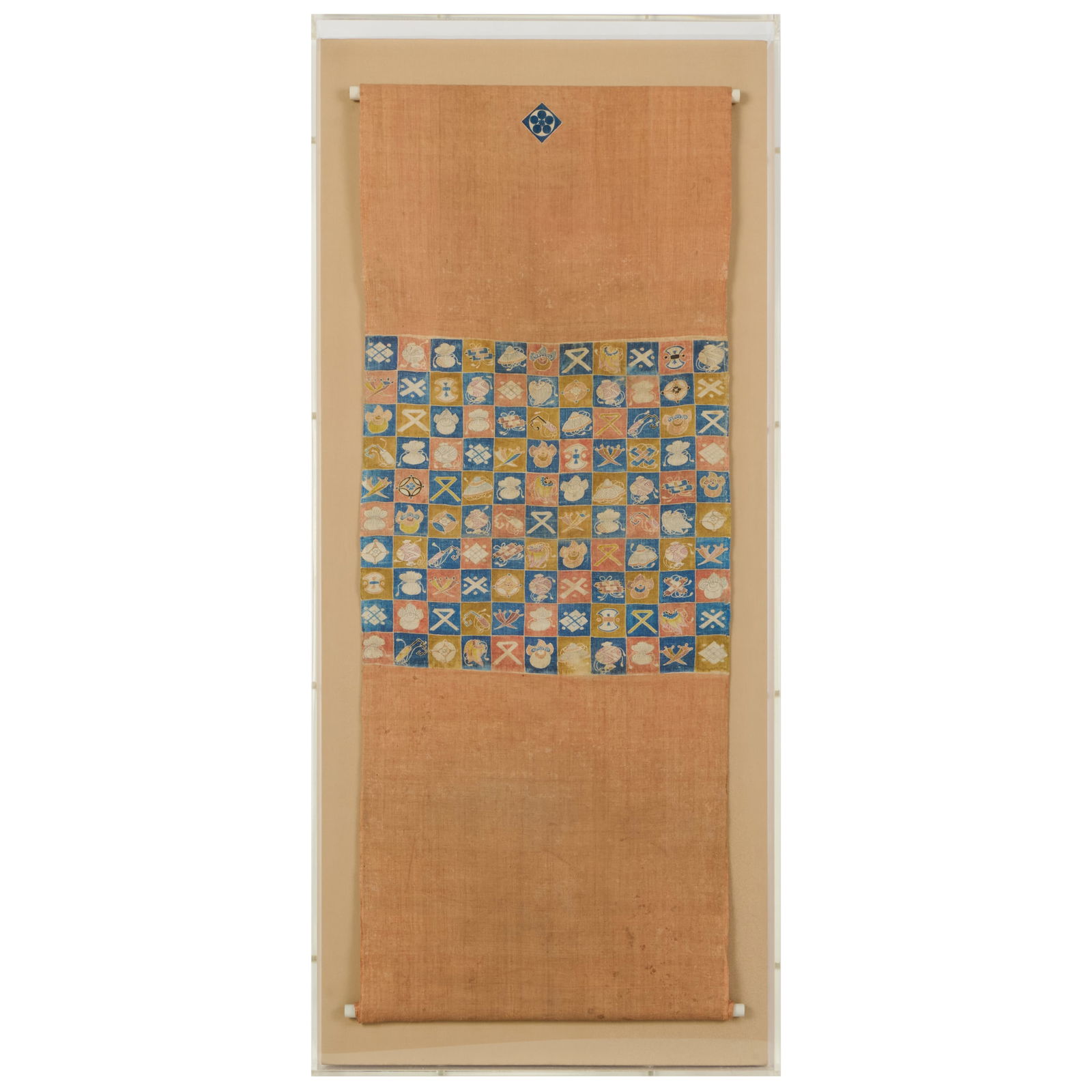 Japanese Cotton Printed Textile: Japanese Cotton Printed TextileMounted in a lucite case.39 1/2 x 17 1/2 in. (case).Collection of Susan and Alan Miller, NY.