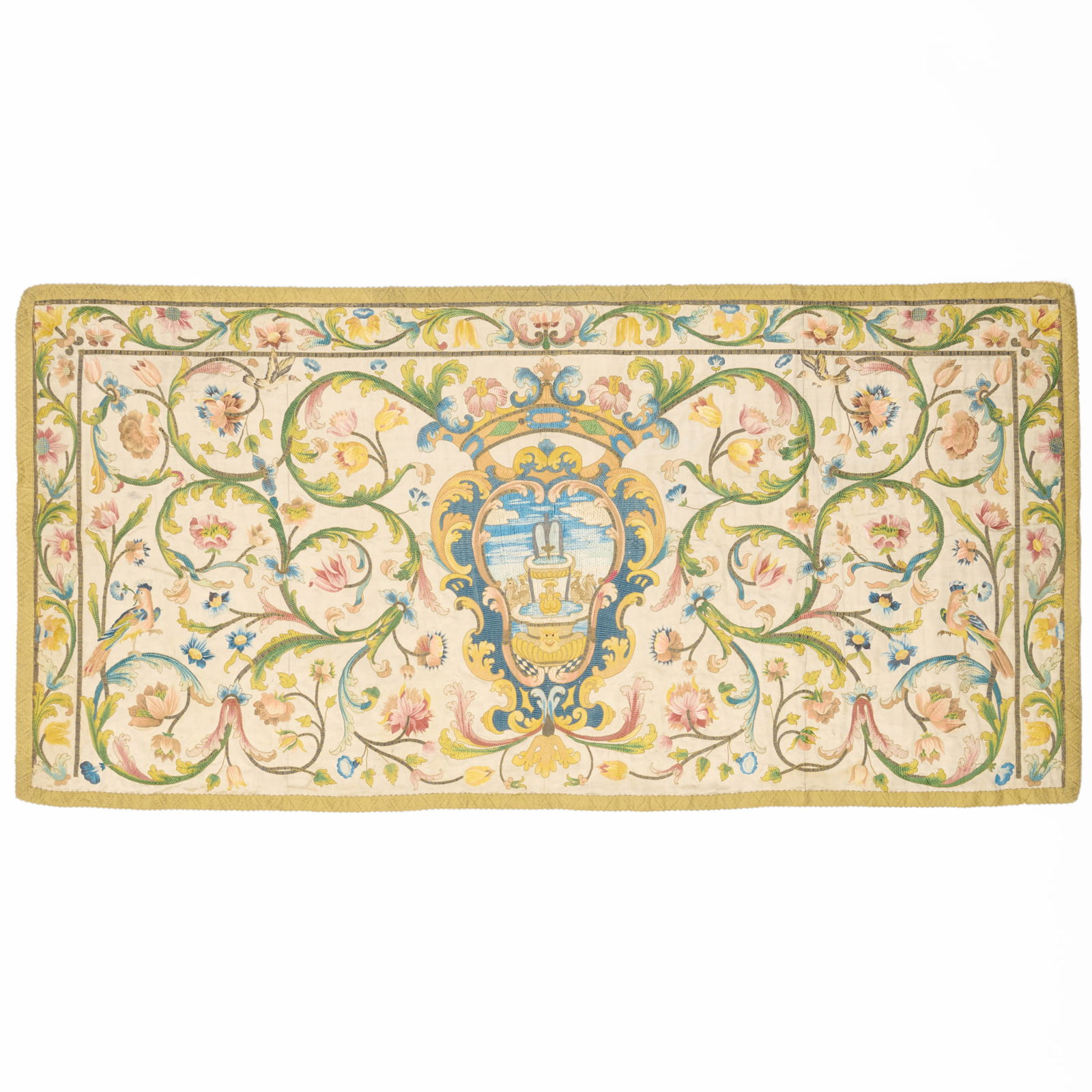 Large Italian Silk Embroidered Panel: Large Italian Silk Embroidered PanelFormerly an altar covering. Mounted with a velcro strip on the reverse for hanging. 6 ft. 9 x 3 ft. 4 in.Collection of Susan and Alan Miller, NY.