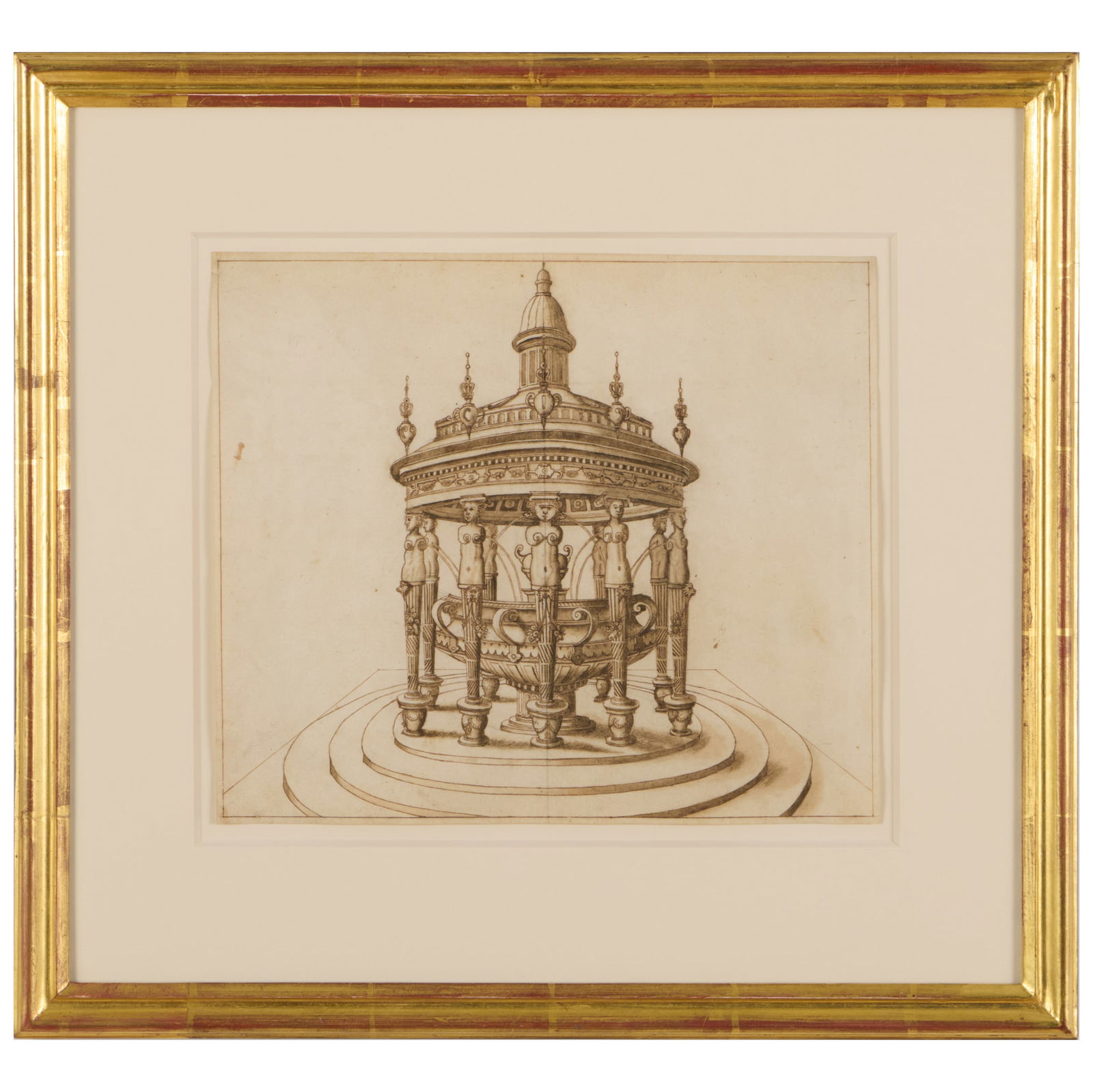 Possibly Attributed to T.F. Groon: A Fantastic Fountain in a Rotunda: Possibly Attributed to T.F. Groon: A Fantastic Fountain in a RotundaInk and wash on paper, unsigned, with label from Armin B. Allen, Inc., NY.9 1/2 x 11 1/4 in. (sheet), 16 1/2 x 18 in. (frame).Armin