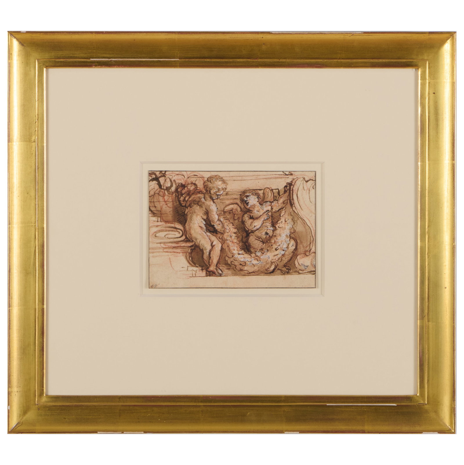 Giuseppi Passeri (1654-1714): Design for a Frieze with Two Putti: Giuseppi Passeri (1654-1714): Design for a Frieze with Two Putti Sanguine, ink and wash with gouache highlights on paper, with an unidentified collectors mark lower left. 4 5/8 x 6 5/8 in. (sheet), 16