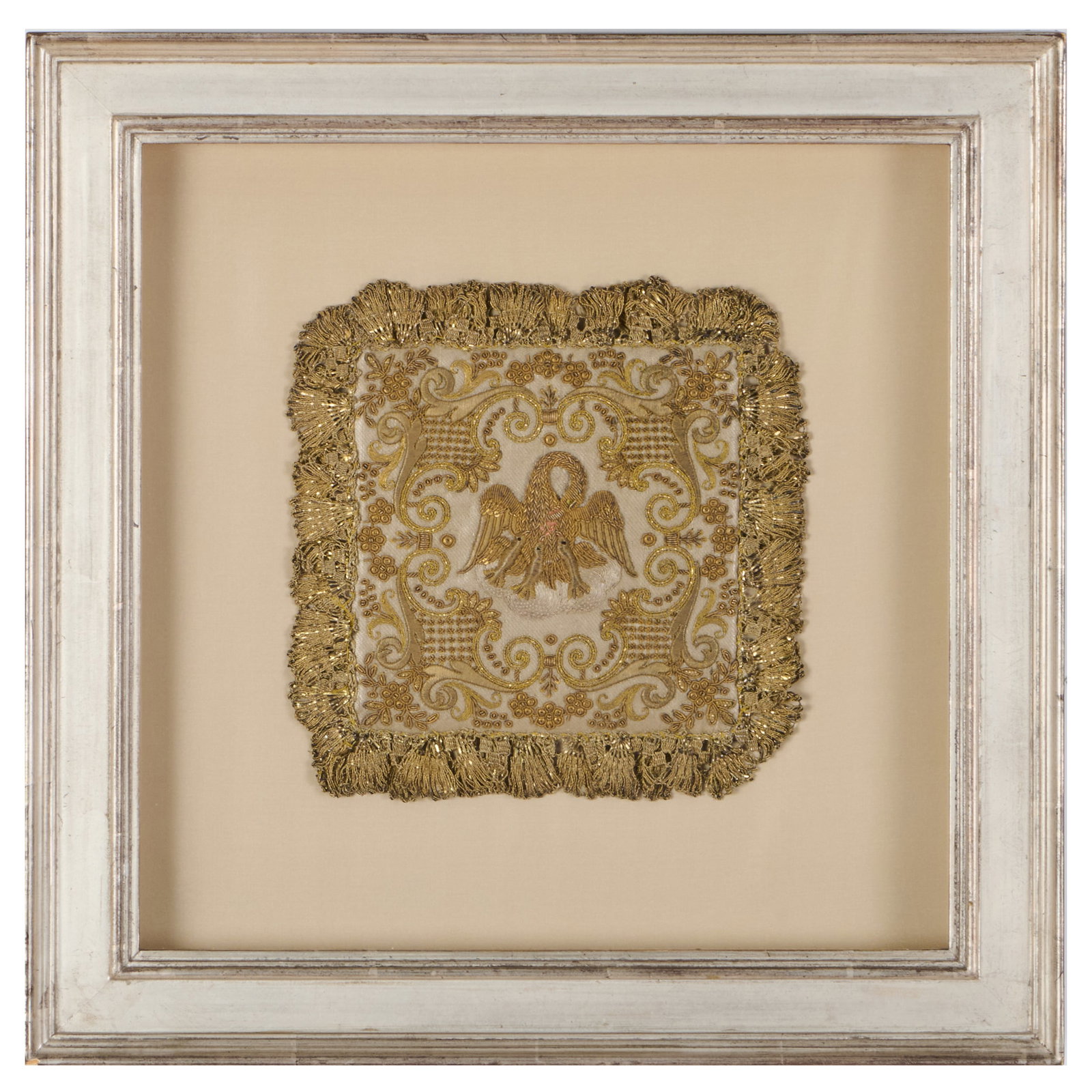 Ecclesiastical Metal Thread Embroidered Silk Cushion, depicting the Pelican in her Piety (1 of 2)