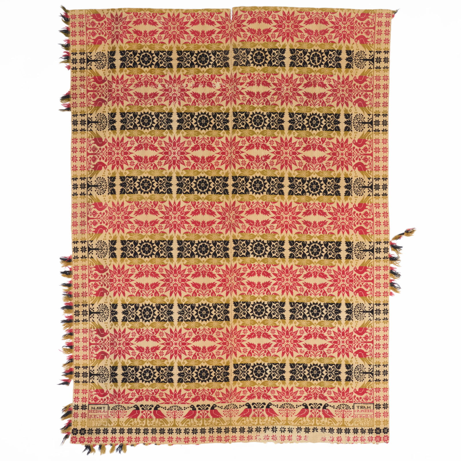 Red, Blue, and Green Floral Wool Coverlet, Probably American: Red, Blue, and Green Floral Wool Coverlet, Probably AmericanMarked with the maker's signature, Mary Hedman, and dated 1837. Approximately 5 ft. 9 x 7 ft. 9 in.Collection of Susan and Alan Miller,