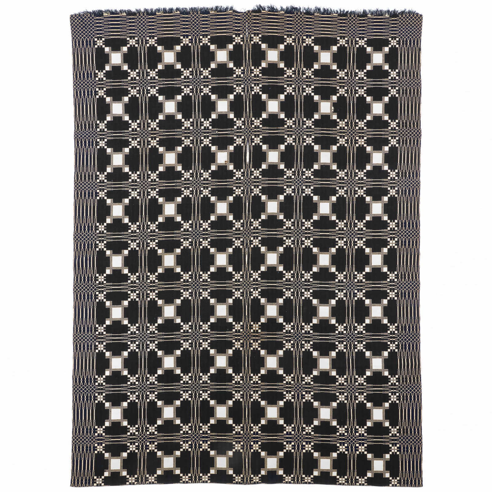 Two American Wool Needlework Coverlets, together with a Red and White Cotton Applique Quilt: Two American Wool Needlework Coverlets, together with a Red and White Cotton Applique Quilt Comprising: A blue geometric jacquard coverlet, 7 ft. 10 x 5 ft. 9 in. A red floral jacquard coverlet, 7 ft