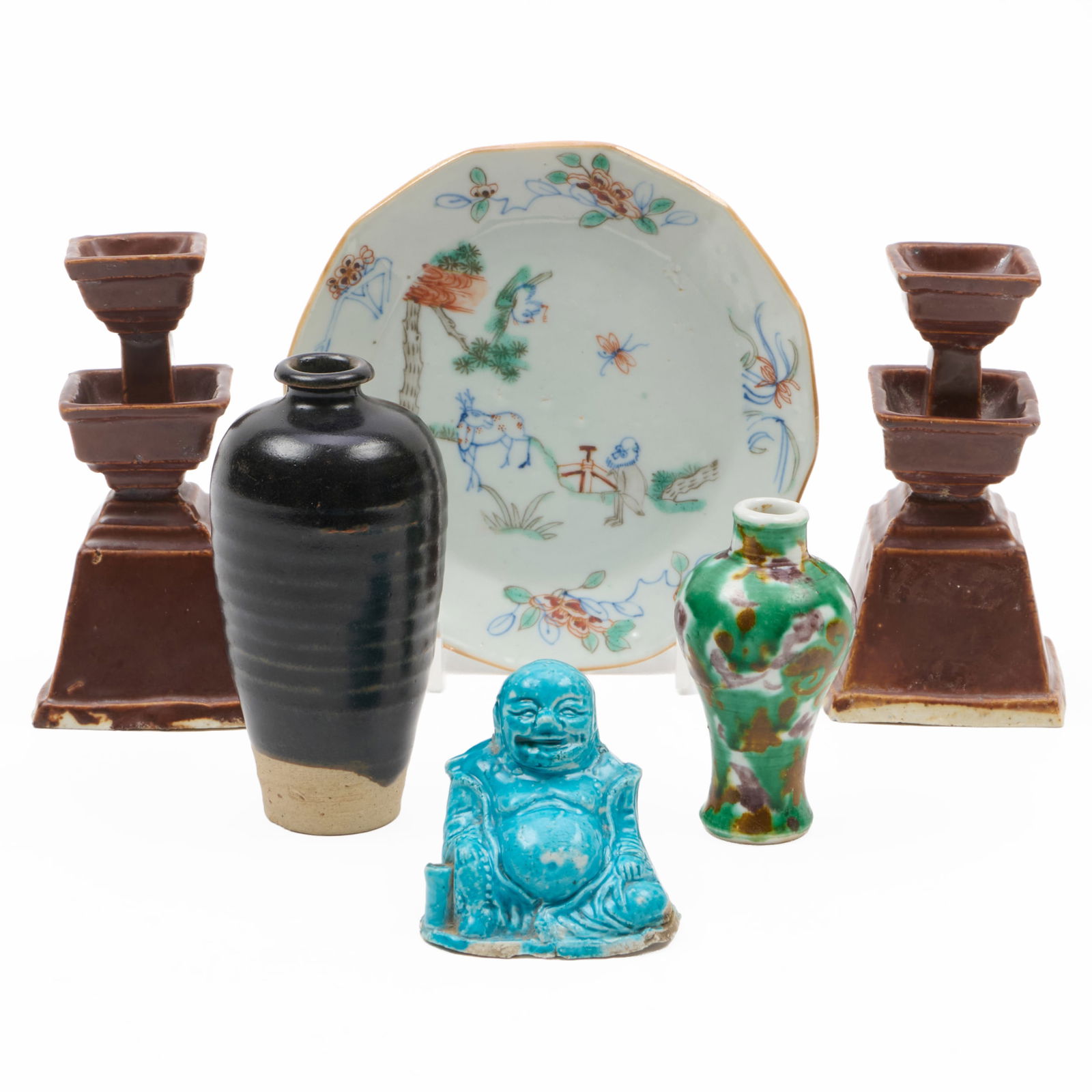 Group of Small Chinese Porcelain Articles: Group of Small Chinese Porcelain Articles Comprising: A pair of brown glaze pricket sticks, unmarked A green glazed meiping, blue four character mark A turquoise glazed figure of buddha, unmarked A sm