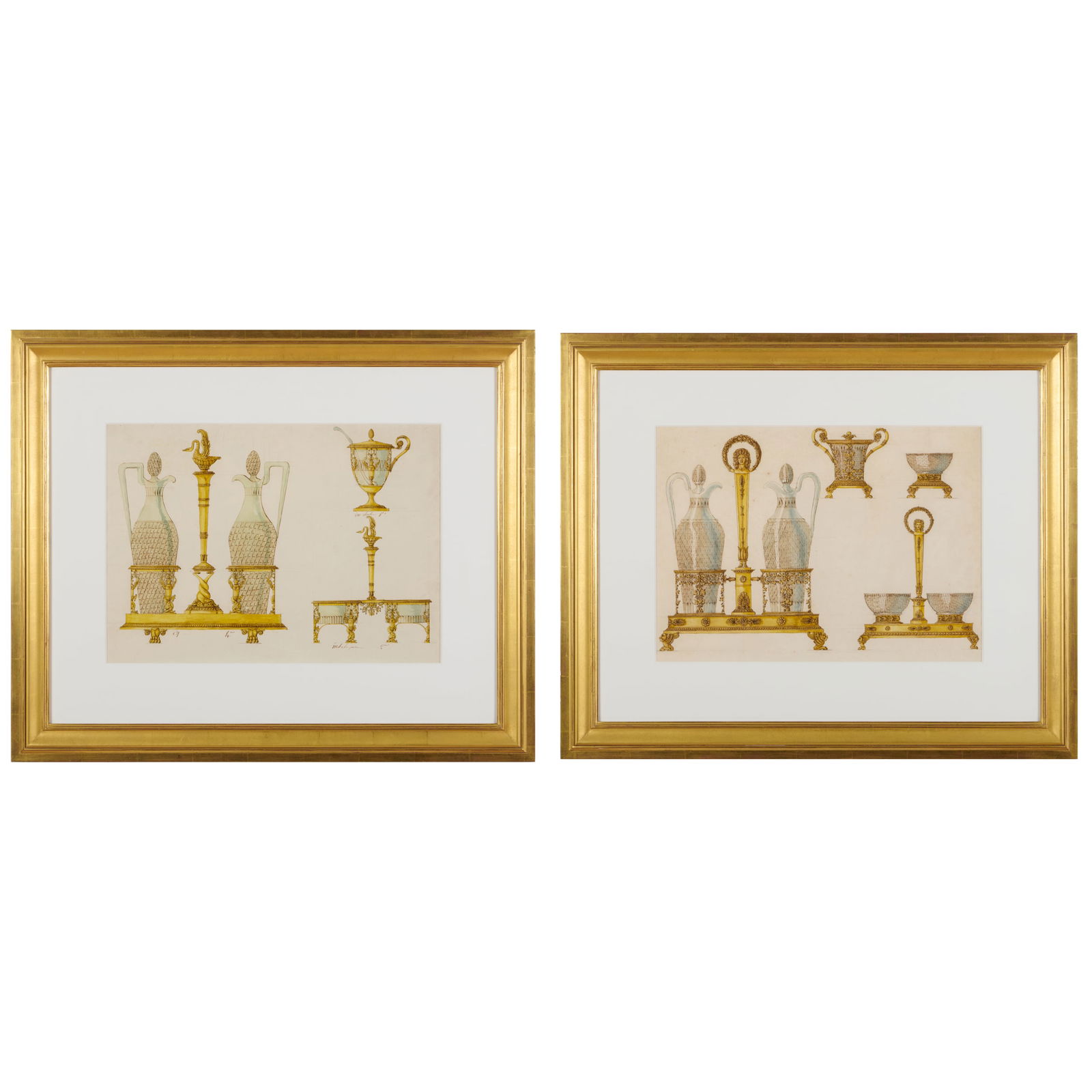 European School: Design for a Silver-Gilt Cruet Set: A Pair: European School: Design for a Silver-Gilt Cruet Set: A Pair Two ink and watercolor on paper, both unsigned, both with labels from Armin B. Allen Inc., NY. 16 x 21 in. (sheet), 13 3/4 x 19 1/4 in. (sig