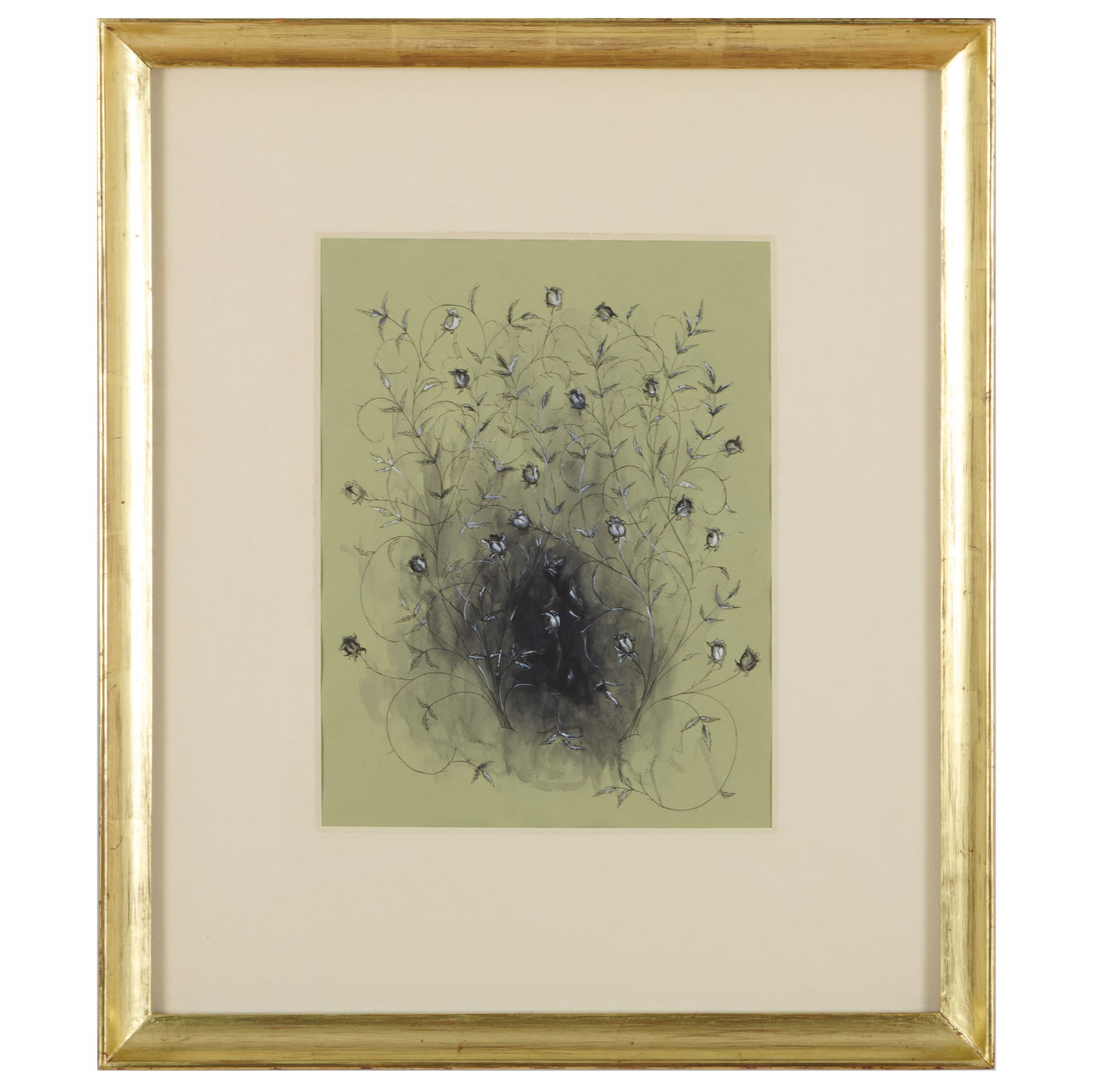 Lauren Fenterstock (b. 1975): Floralles Aquarell: Lauren Fenterstock (b. 1975): Floralles Aquarell Ink and gouache on green paper, unsigned. 12 1/2 x 9 3/4 in. (sheet), 20 3/4 x 17 3/4 in. (frame). The artist. Collection of Susan and Alan Miller, NY.