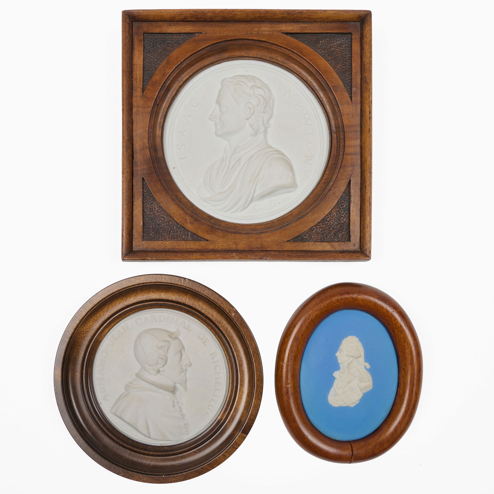 Group of Three Porcelain Portrait Medallions: Group of Three Porcelain Portrait Medallions Comprising: An Adams jasperware plaque of Lord Nelson, impressed mark A plaque of Armand-Jean Cardinal de Richelieu, incised 'B' mark A plaque of Isaac New