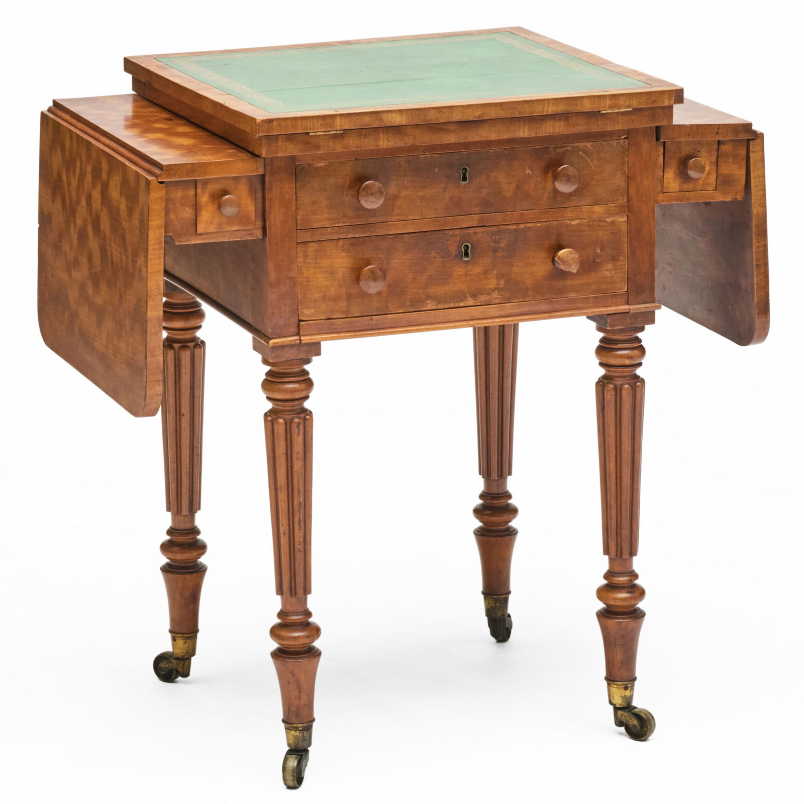 Regency Figured Satinwood and Leather Work Table: Regency Figured Satinwood and Leather Work Table Fitted with an inset gilt-tooled leather writing surface. Inscribed on the drawer bottom, John Mason. Collection of Susan and Alan Miller, NY.