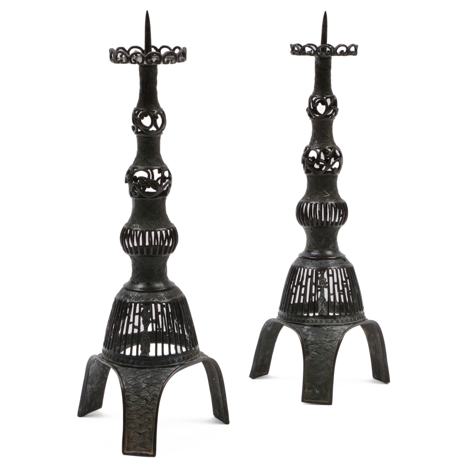 Pair of Chinese Patinated Metal Pricket Sticks: Pair of Chinese Patinated Metal Pricket Sticks 16 x 7 x 7 in. Gallery Gen, NY, 2005. Collection of Susan and Alan Miller, NY.