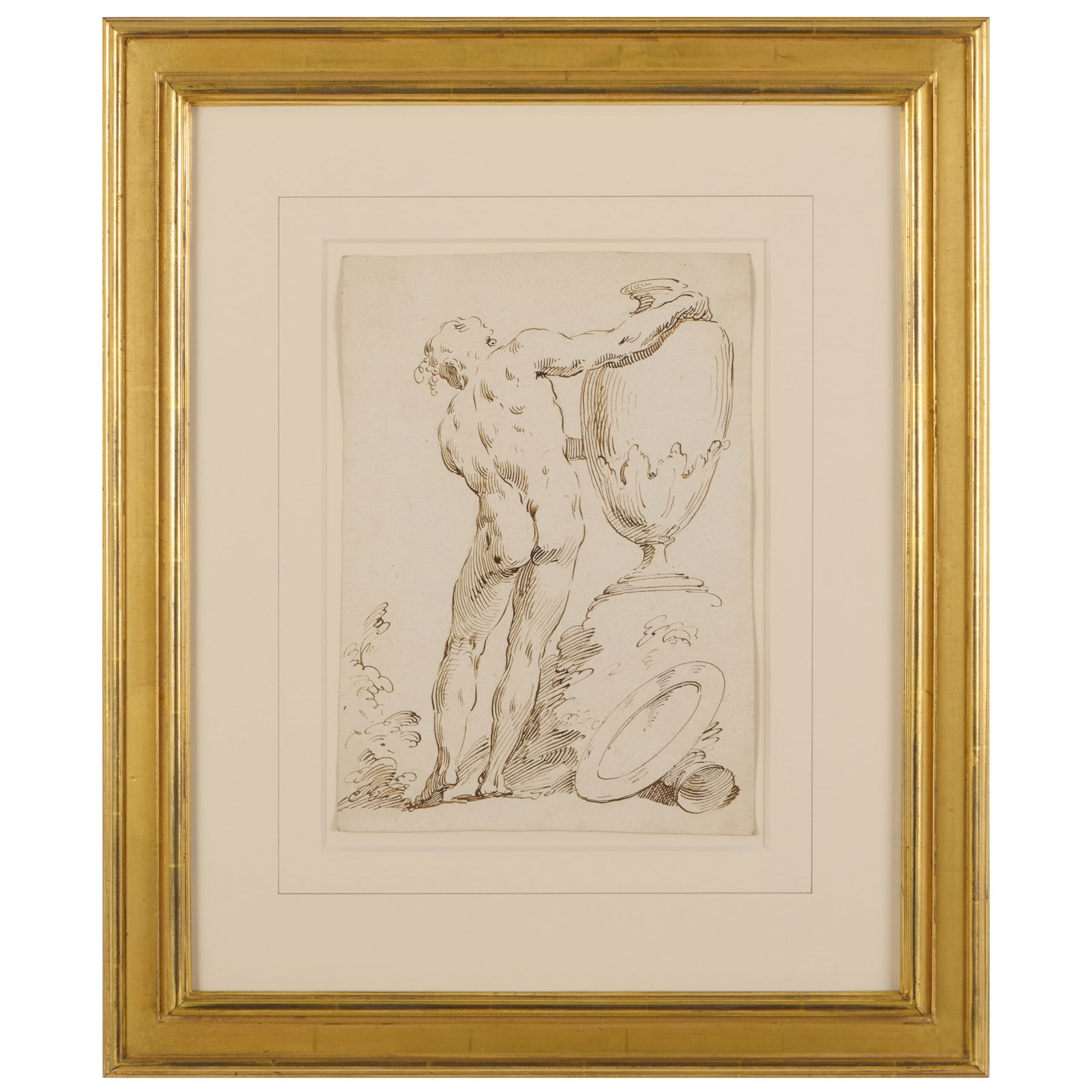 Pietro Antonio Novelli (1729-1804): Nudo maschile di spale appoggiato ad una'urna: Pietro Antonio Novelli (1729-1804): Nudo maschile di spale appoggiato ad una'urna Ink on paper, unsigned. 12 x 8 5/8 in. (sheet), 22 1/2 x 18 3/4 in. (frame). Galleria W. Apolloni, Rome. Collection of