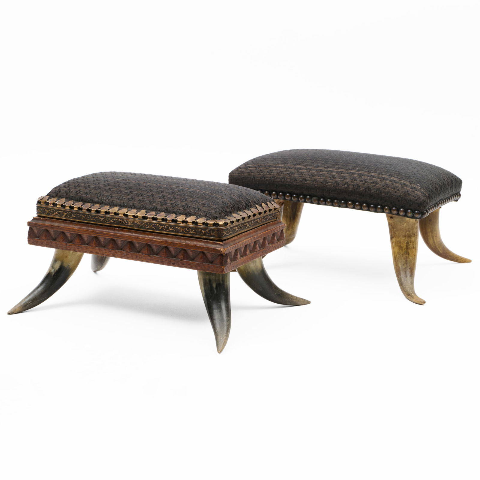 Two Similar Horn Low Stools with Horsehair Upholstery: Two Similar Horn Low Stools with Horsehair Upholstery One with a copper border around the cushion, 7 x 15 1/4 x 10 in. The other 7 x 11 1/4 x 14 1/2 in. Collection of Susan and Alan Miller, NY.