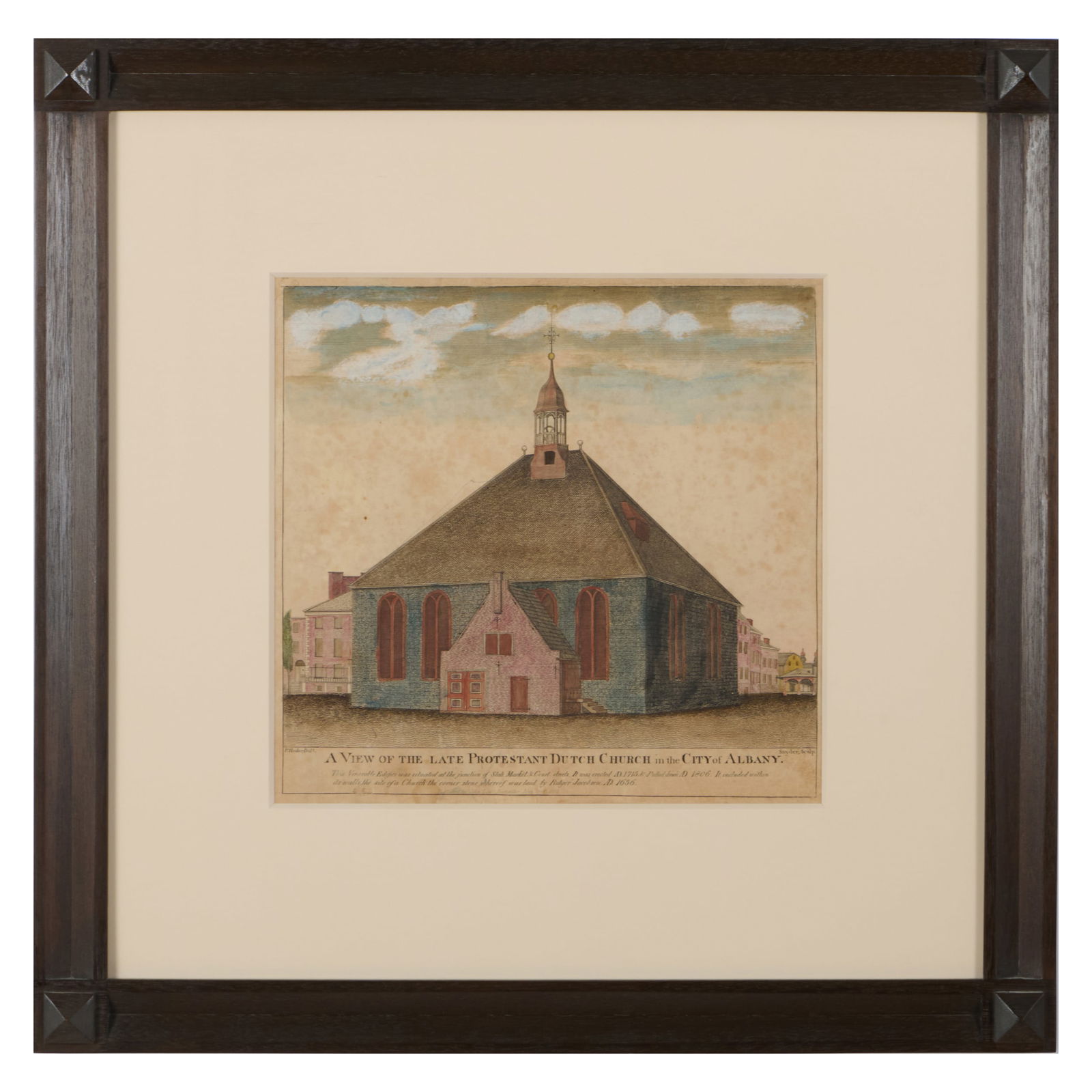 After Philip Hooker (1766-1836), engraved by Henry W. Snyder (1829-1910): A View for the Late: After Philip Hooker (1766-1836), engraved by Henry W. Snyder (1829-1910): A View for the Late Protestant Dutch Church in the City of Albany Engraving with hand-coloring on laid paper, c. 1806. 10 1/2