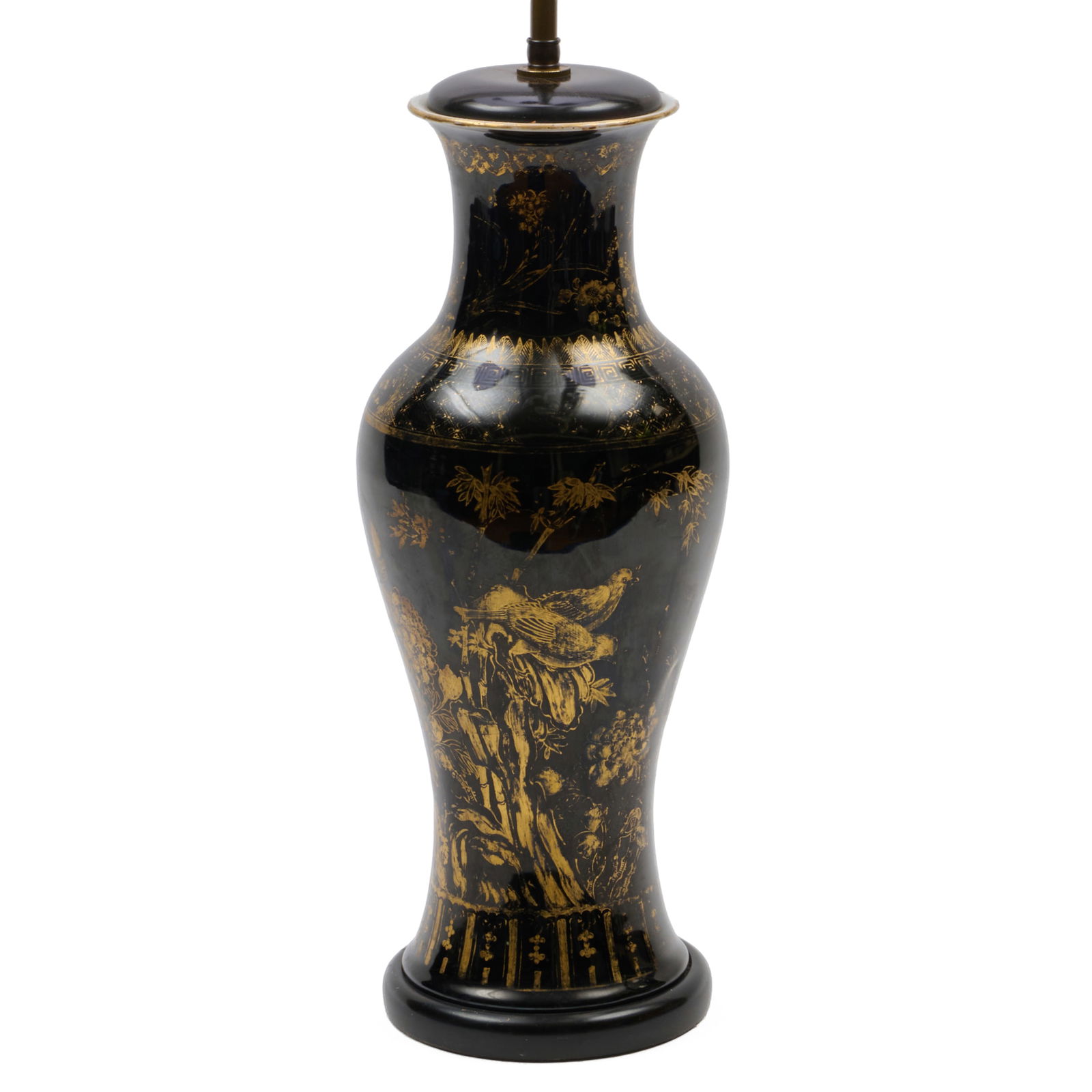 Chinese Gilt Decorated Black Glazed Porcelain Baluster Vase Mounted as a Lamp: Chinese Gilt Decorated Black Glazed Porcelain Baluster Vase Mounted as a Lamp The vase 17 x 6 in. diam., 26 x 6 in. diam. (to socket). Collection of Susan and Alan Miller, NY.