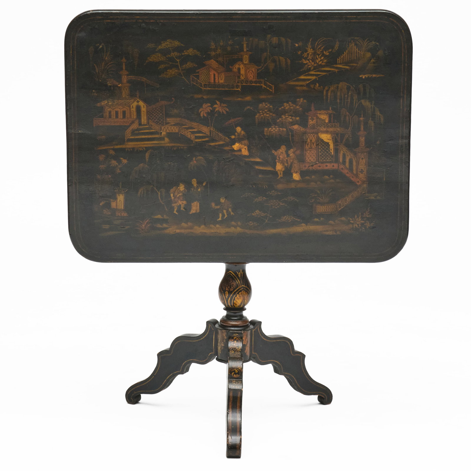German Chinoiserie Decorated Tilt-Top Tripod Table: German Chinoiserie Decorated Tilt-Top Tripod Table 27 1/2 x 32 x 24 in. W.M. Schwind, Jr. Antiques & Fine Art, Yarmouth, ME, march 12, 1992. Collection of Susan and Alan Miller, NY.