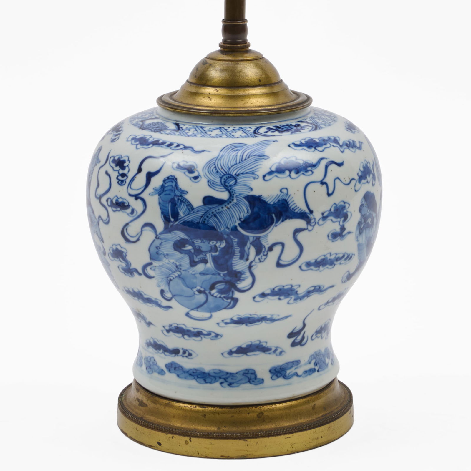 Chinese Blue and White Porcelain Jar Mounted as a Lamp: Chinese Blue and White Porcelain Jar Mounted as a Lamp The jar 7 1/4 x 6 1/2 in. diam., 13 x 6 1/2 in. diam. (to socket). Collection of Susan and Alan Miller, NY.