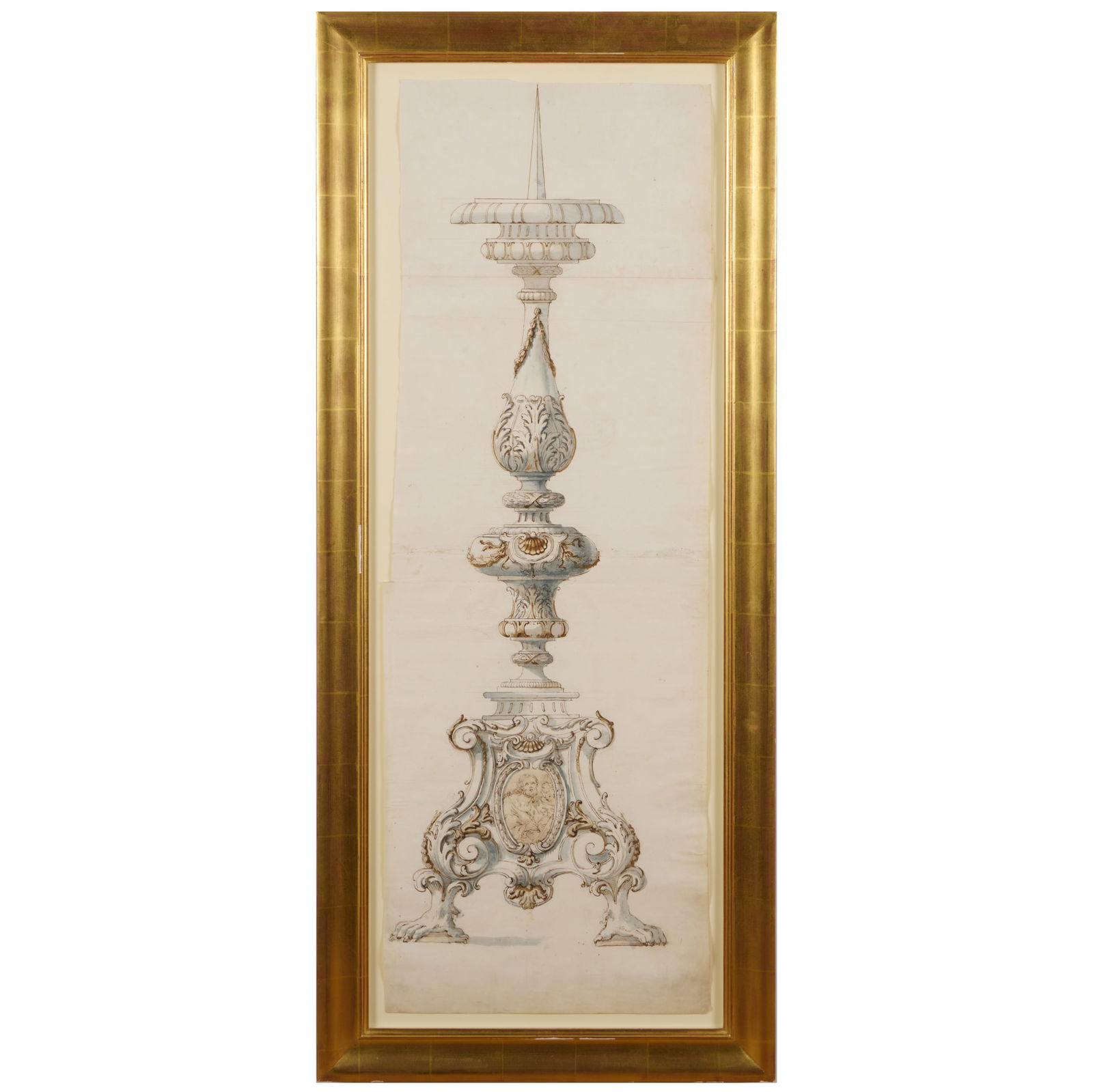 European School: Design for a Church Candlestick: European School: Design for a Church Candlestick Ink and watercolor on three sheets of paper, unsigned. 42 3/4 x 15 in. (sheet), 49 x 21 in. (frame). Armin B. Allen Inc., NY. Collection of Susan and A