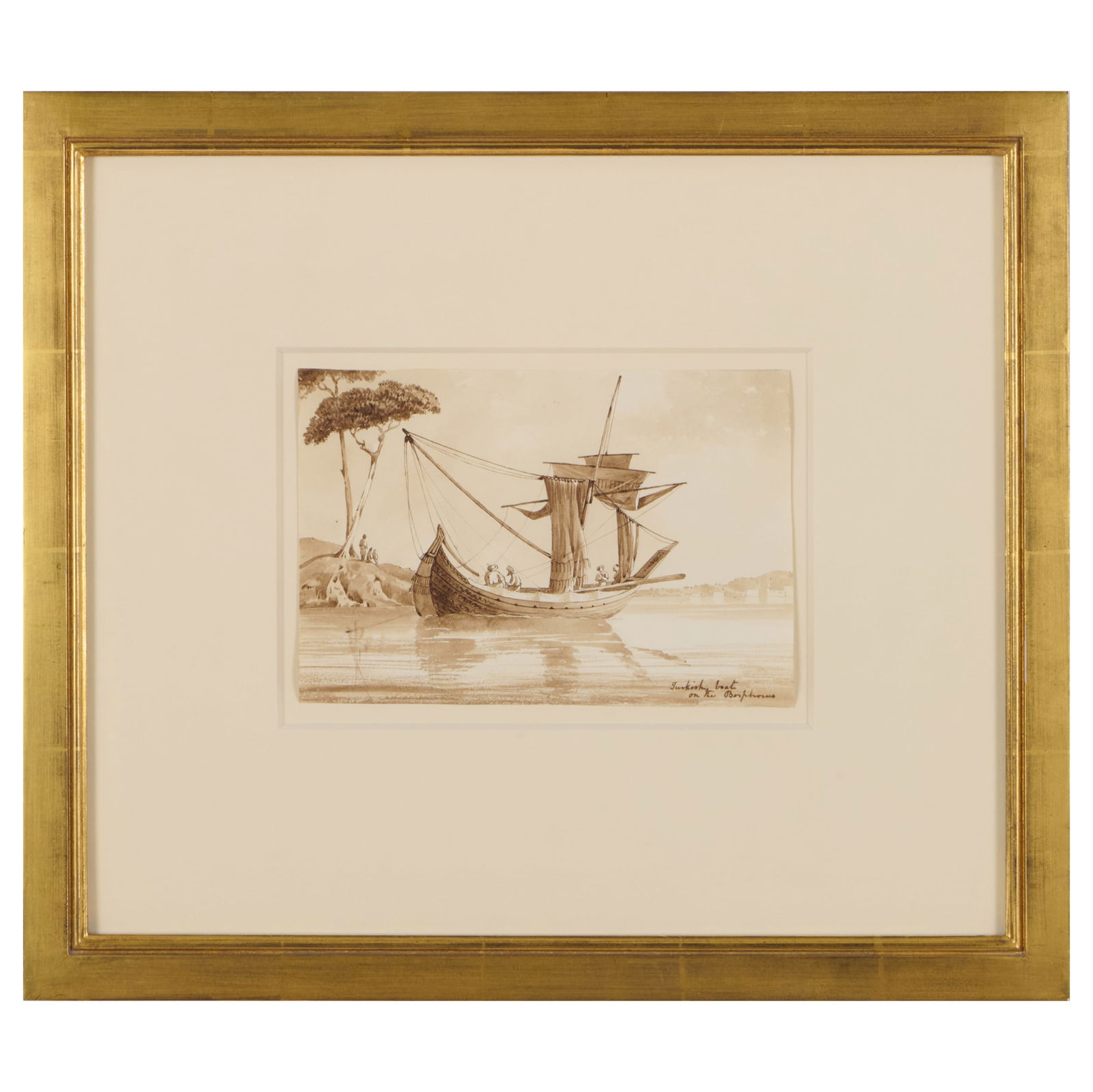 English School: Turkish Boat on the Bosphorus; and Tree: English School: Turkish Boat on the Bosphorus; and Tree Two ink and wash on paper, unsigned, Turkish Boat titled lower right. 5 1/2 x 8 1/8 in. (sheet), 15 x 17 1/4 in. (frame), 5 1/8 x 7 1/8 in. (she