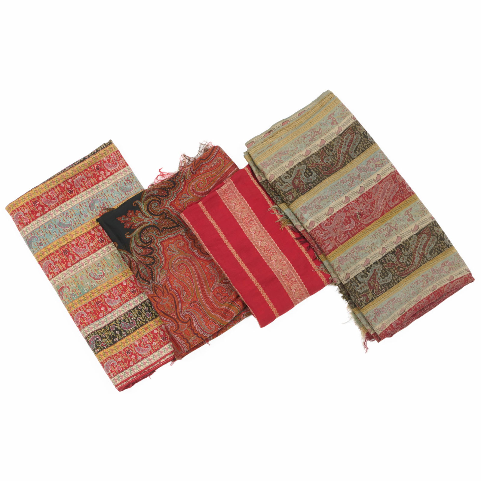 Group of Four Paisley Wool Shawls and Textiles: Group of Four Paisley Wool Shawls and Textiles 8 ft. 9 x 4 ft. 4 in., 9 ft. 3 x 4 ft. 1 in., 5 ft. 5 x 5 ft. 8 in., 5 ft. 2 x 5 ft. 3 in. Collection of Susan and Alan Miller, NY.