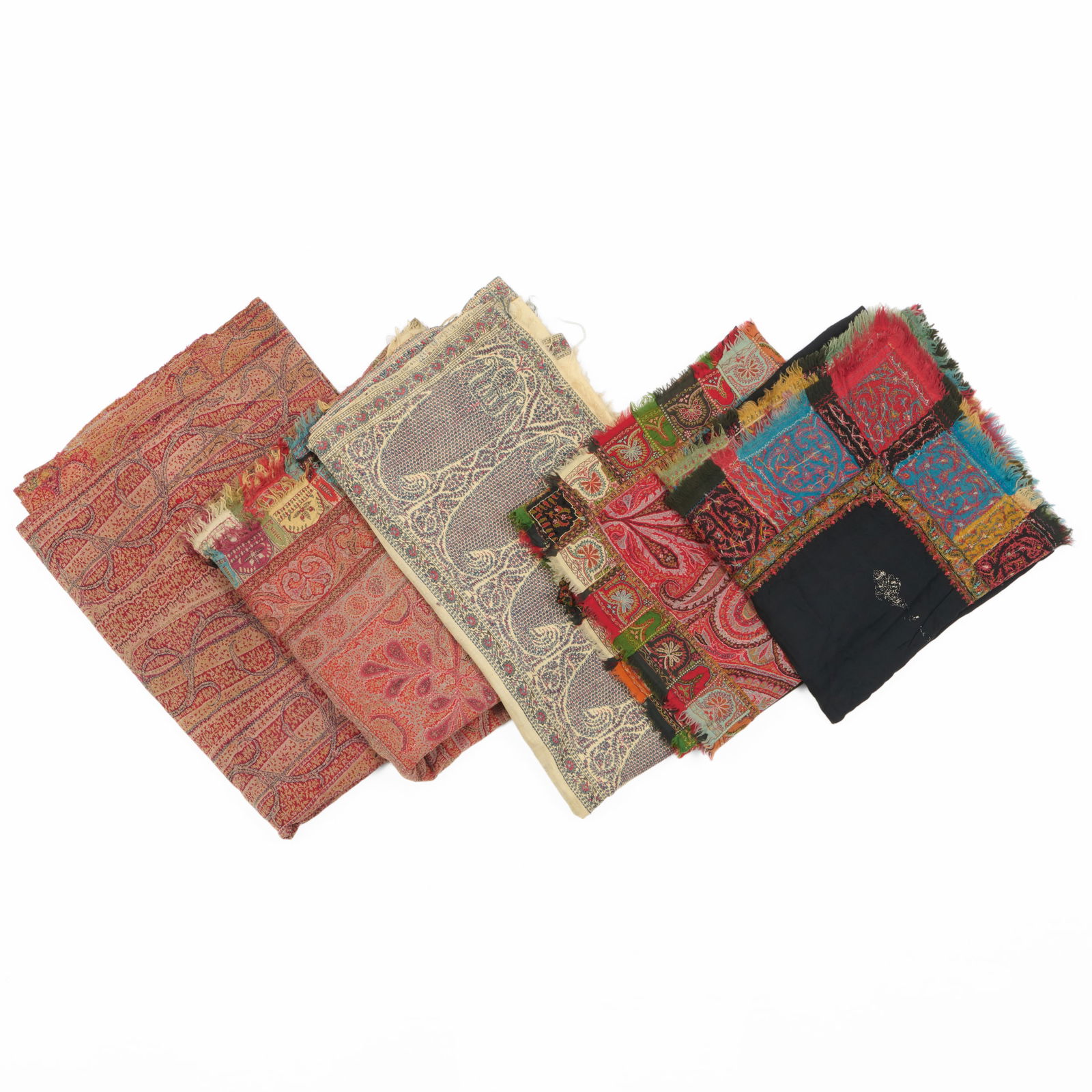 Group of Five Paisley Wool Shawls and Textiles: Group of Five Paisley Wool Shawls and Textiles 5 ft. 2 x 5 ft. 2 in., 5 ft. 8 x 5 ft. 5 in., 9 ft. 7 x 4 ft. 1 in., 6 ft. x 5 ft. 7 in., 10 ft. 7 in. x 3 ft. 10 in. Collection of Susan and Alan Miller