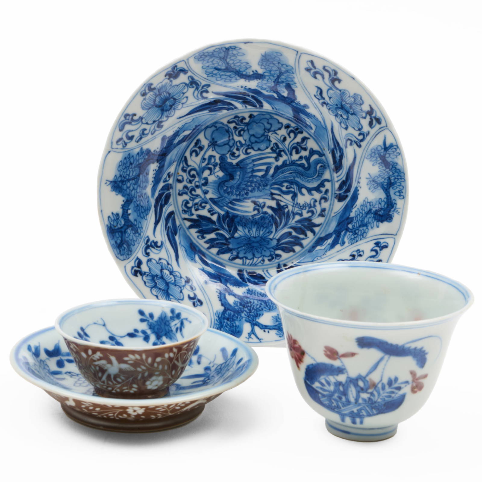 Chinese Porcelain Wine Cup and Saucer, a Teabowl and a Dish