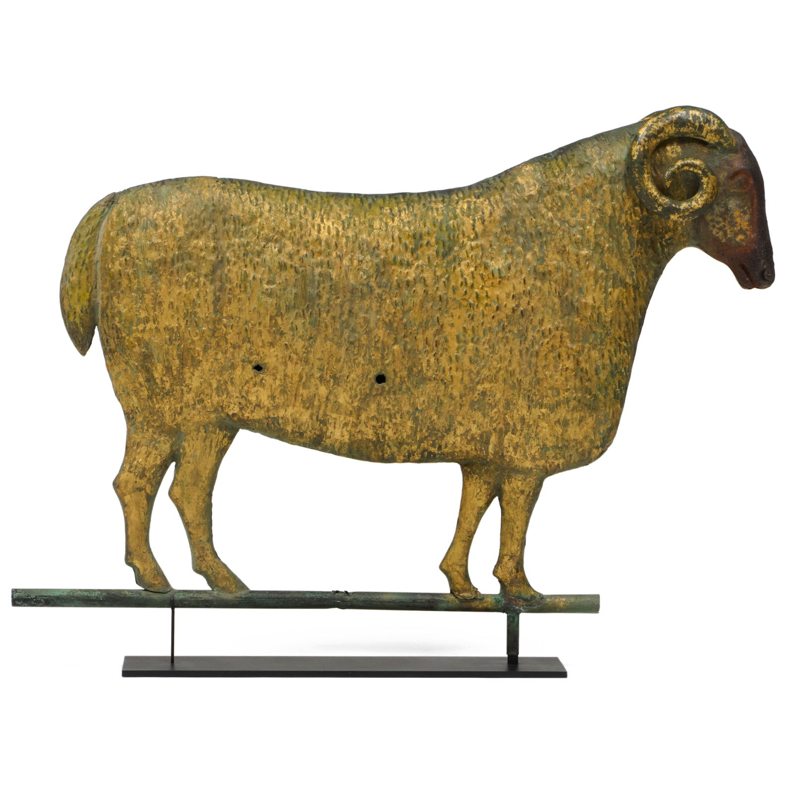 Molded Gilt Sheet Copper and Cast Iron Ram Weathervane, Attributed to J.W. Fiske, New York: Molded Gilt Sheet Copper and Cast Iron Ram Weathervane, Attributed to J.W. Fiske, New York On custom stand. The weathervane 22 x 31 x 3 in., 23 x 31 x 4 in. (overall). Literature: Miller, Steve. The A