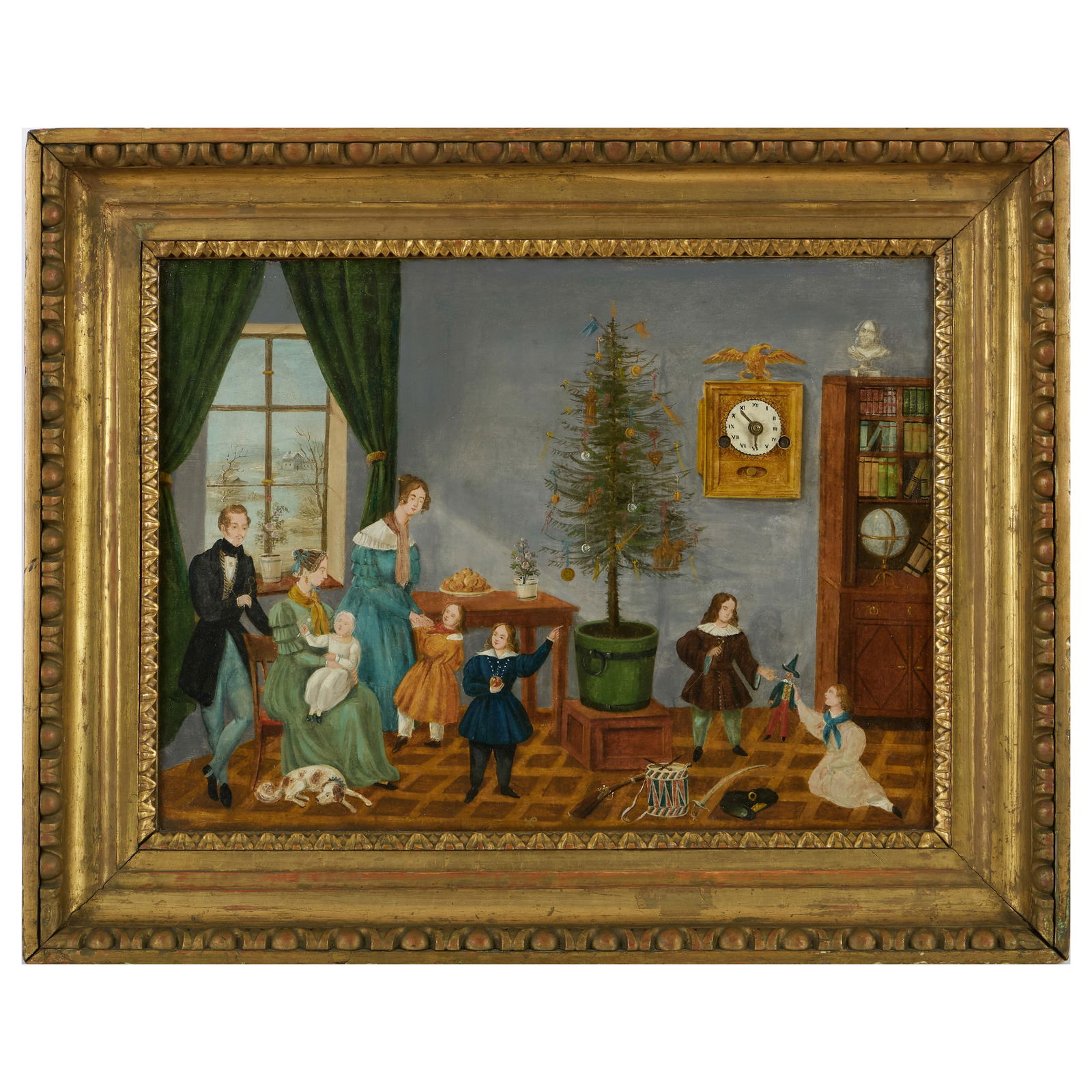 Folk Art 'Christmas Tree' Clock Diorama: Folk Art 'Christmas Tree' Clock DioramaOil on metal panel, clock mechanism.20 x 25 x 5 1/2 in.Property from Mr. and Mrs. Dunbar W. Bostwick of Shelburne, VT, New York, NY, and Aiken, SC, by descent.