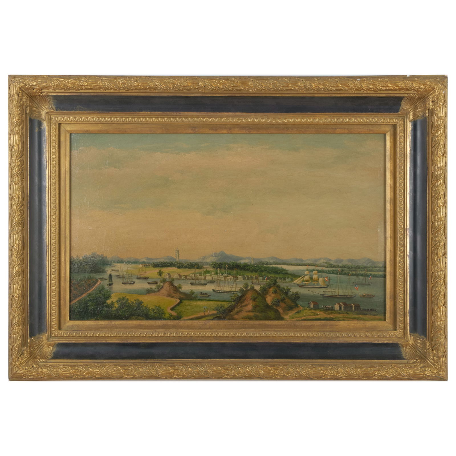 Chinese Export School: Harbor View: Chinese Export School: Harbor ViewOil on canvas, unsigned.18 1/2 x 30 3/4 in., 29 x 41 in. (frame).