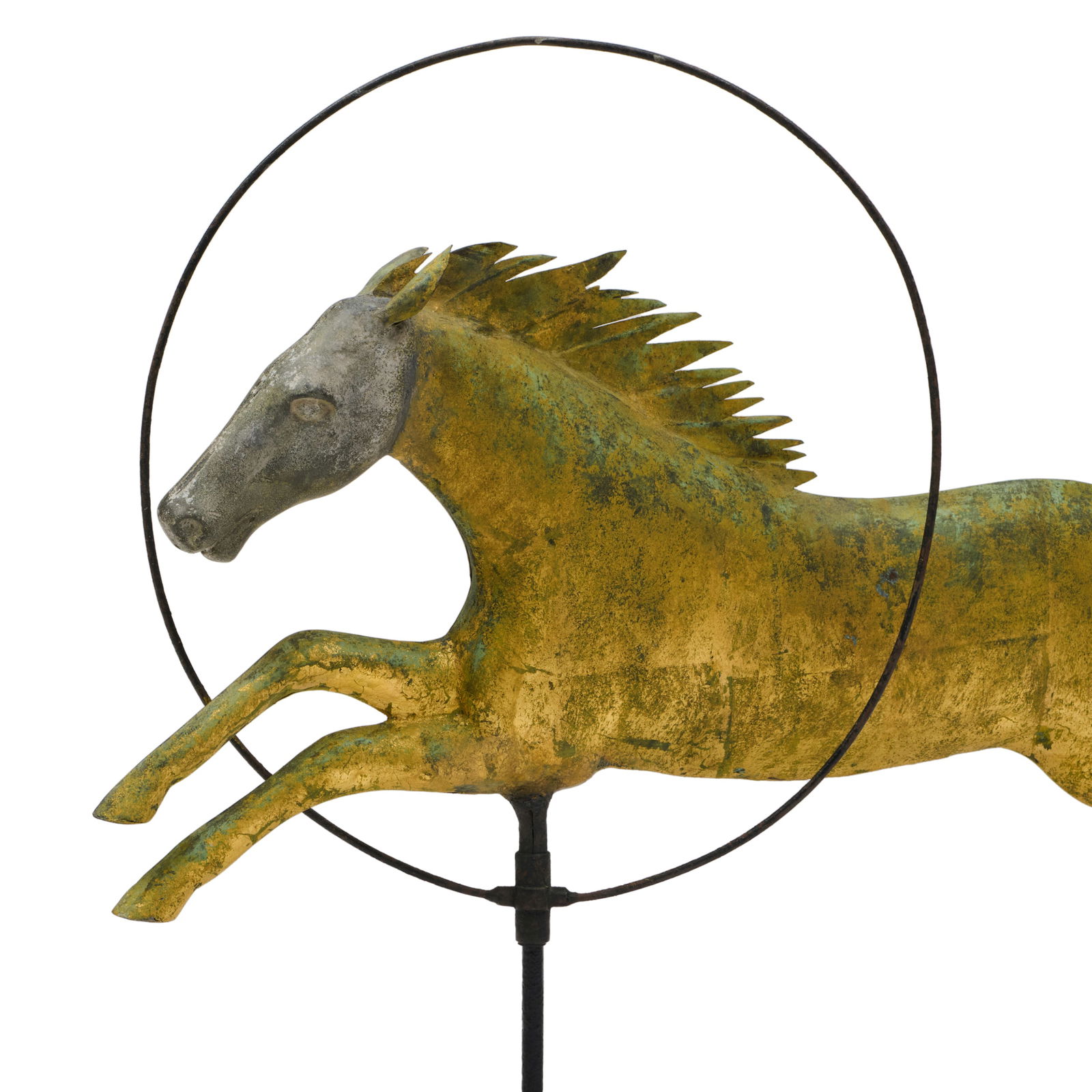Molded Gilt Sheet Copper and Cast Zinc 'Horse Through the Hoop' Weathervane, Attributed to A.L.: Molded Gilt Sheet Copper and Cast Zinc 'Horse Through the Hoop' Weathervane, Attributed to A.L. Jewell, Waltham, MA On custom stand. The weathervane 16 x 30 x 5 in., 22 x 30 x 5 in. (overall). For sim
