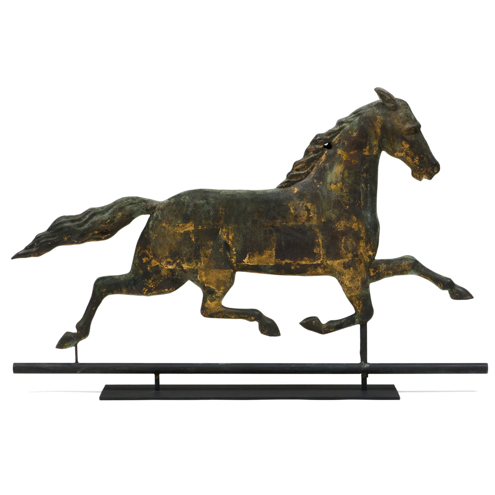 Molded Gilt Sheet Copper and Zinc 'Ethan Allen' Horse Weathervane, Harris & Co., Boston, MA: Molded Gilt Sheet Copper and Zinc 'Ethan Allen' Horse Weathervane, Harris & Co., Boston, MA Stamped 'Harris & Co.', on custom stand. The weathervane 23 1/2 x 39 x 2 1/2 in., 25 1/2 x 39 x 5 in. (overa