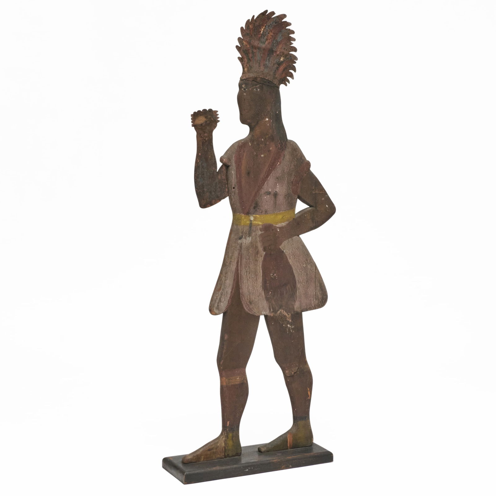 Painted Sheet Metal and Wood Cigar Store Native American Double-Sided Figure: Painted Sheet Metal and Wood Cigar Store Native American Double-Sided Figure 6 ft. 1 in. x 26 x 9 1/2 in. Property of an Important American Collection.