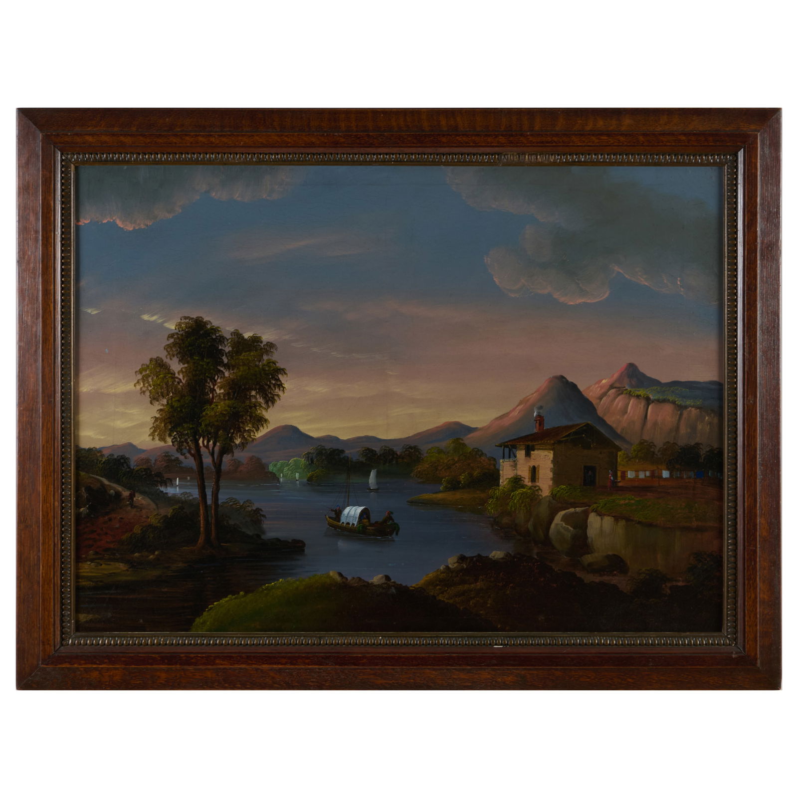 William Matthew Prior (1803-1873): A Lake Scene with Mountains and Stone Cottage: William Matthew Prior (1803-1873): A Lake Scene with Mountains and Stone CottageOil on canvas c. 1830, signed 'W.M. Prior' on the reverse (obscured by lining, see photos).27 x 36 1/2 in., 32 x 42 in.