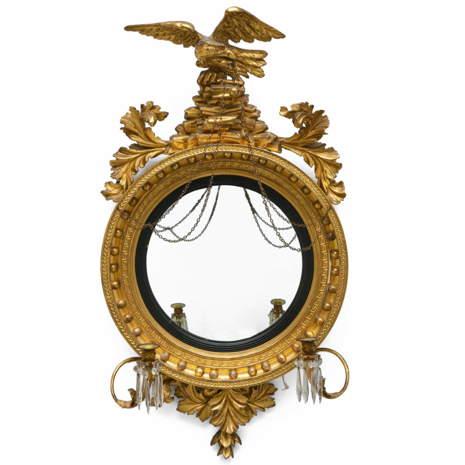 Classical Giltwood and Ebonized Convex Girandole Mirror: Classical Giltwood and Ebonized Convex Girandole Mirror 40 1/2 x 22 in., diam.