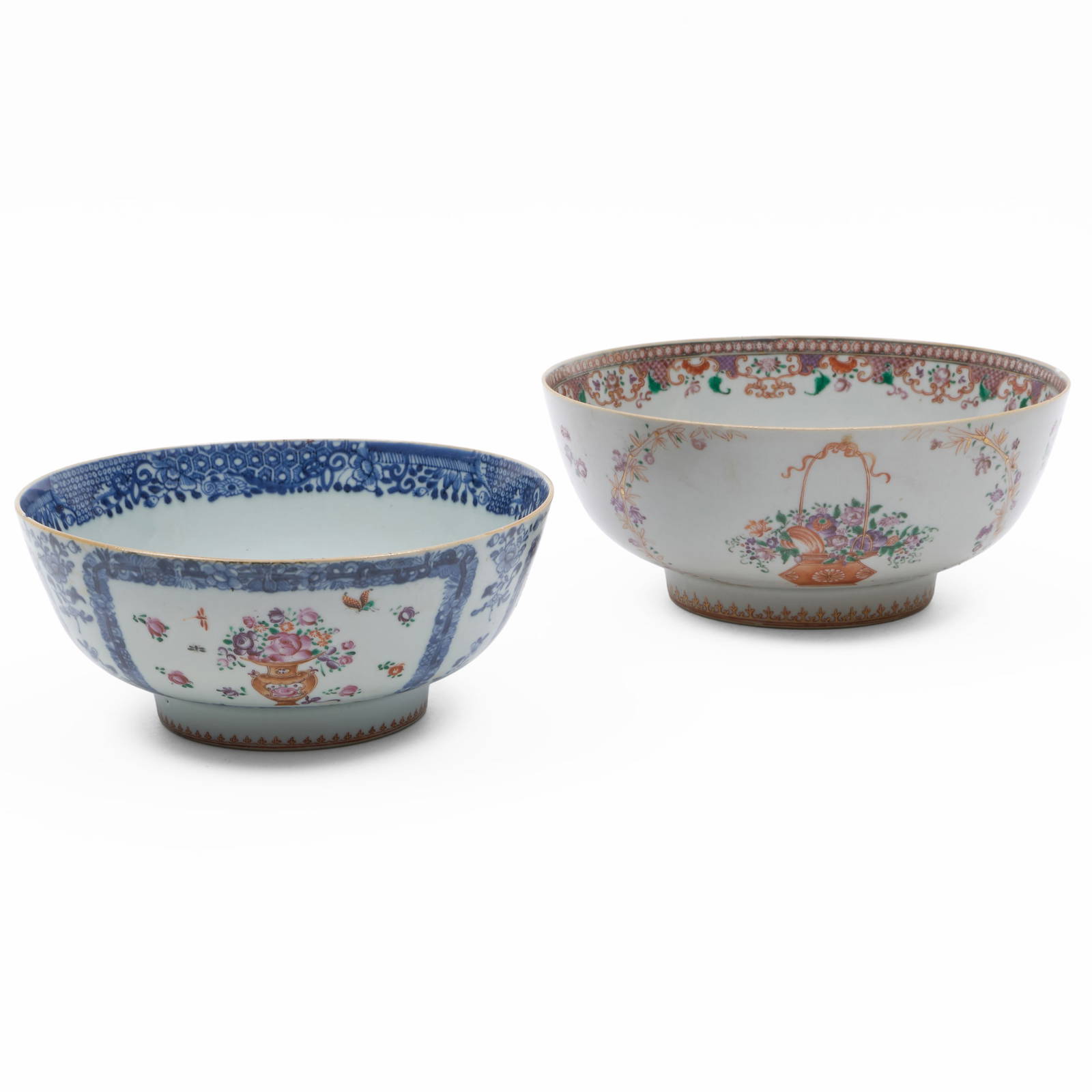 Two Chinese Export Famille Rose Porcelain Punch Bowls