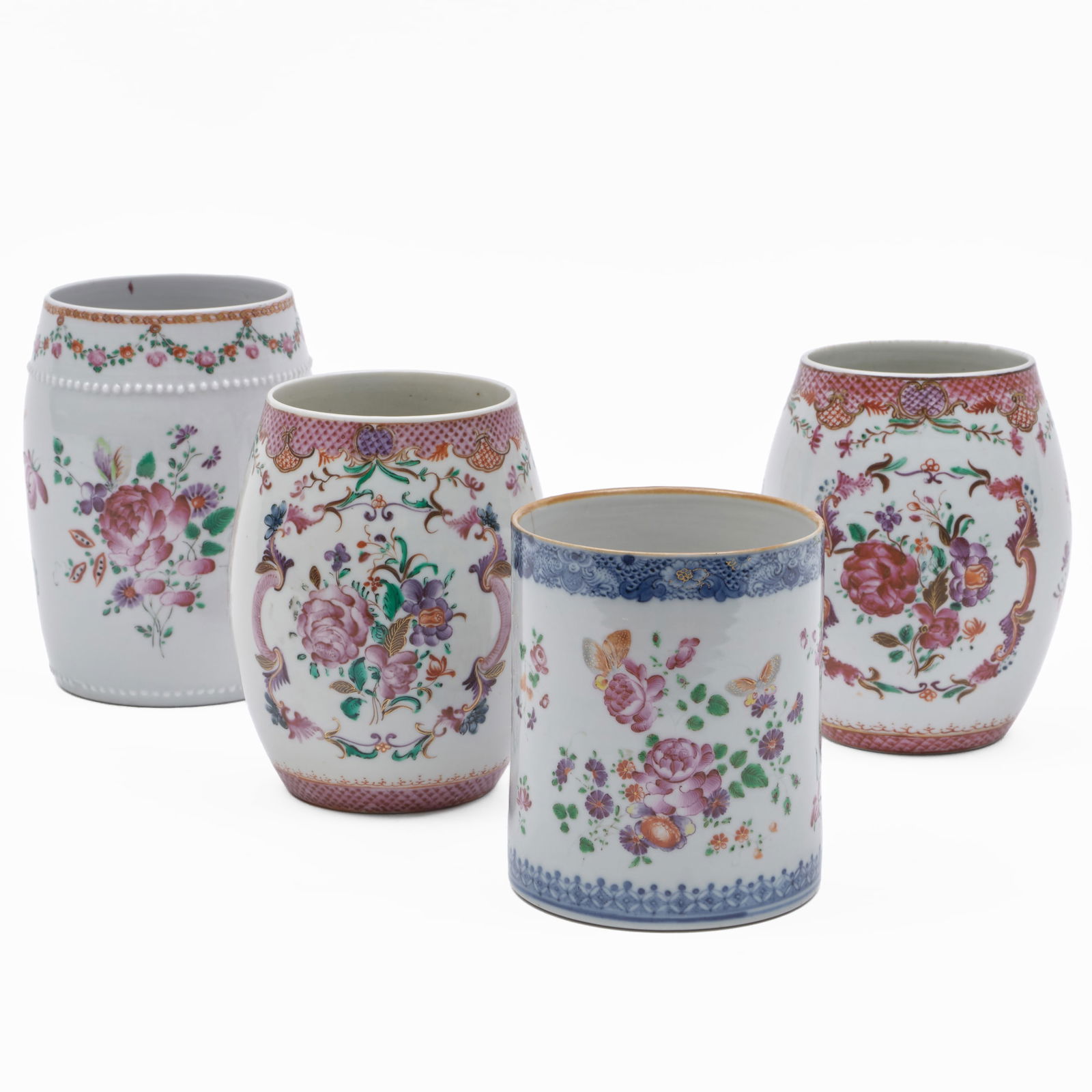 Group of Four Chinese Export Porcelain Mugs: Group of Four Chinese Export Porcelain MugsUnmarked.The largest 6 1/4 x 6 1/4 x 4 1/4 in.Property from Mr. and Mrs. Dunbar W. Bostwick of Shelburne, VT, New York, NY, and Aiken, SC, by descent.