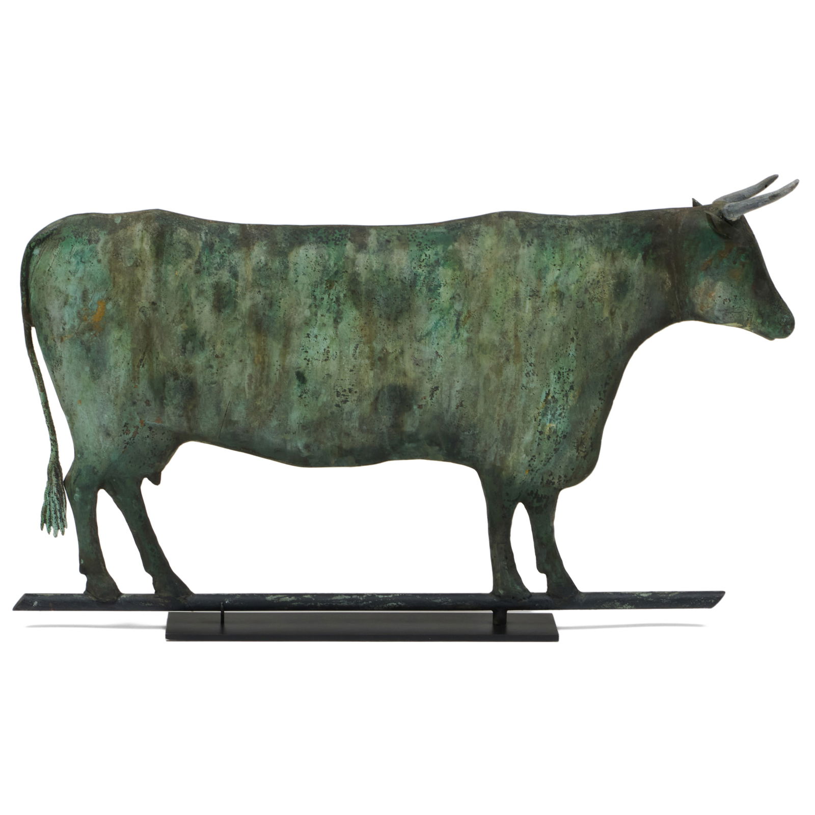 Full Bodied Copper and Zinc Cow Weathervane, Possibly Cushing & White, Waltham, MA: Full Bodied Copper and Zinc Cow Weathervane, Possibly Cushing & White, Waltham, MA On custom stand. The weathervane 16 x 28 1/2 x 2 in., 16 1/4 x 28 1/2 x 3 in. (overall).