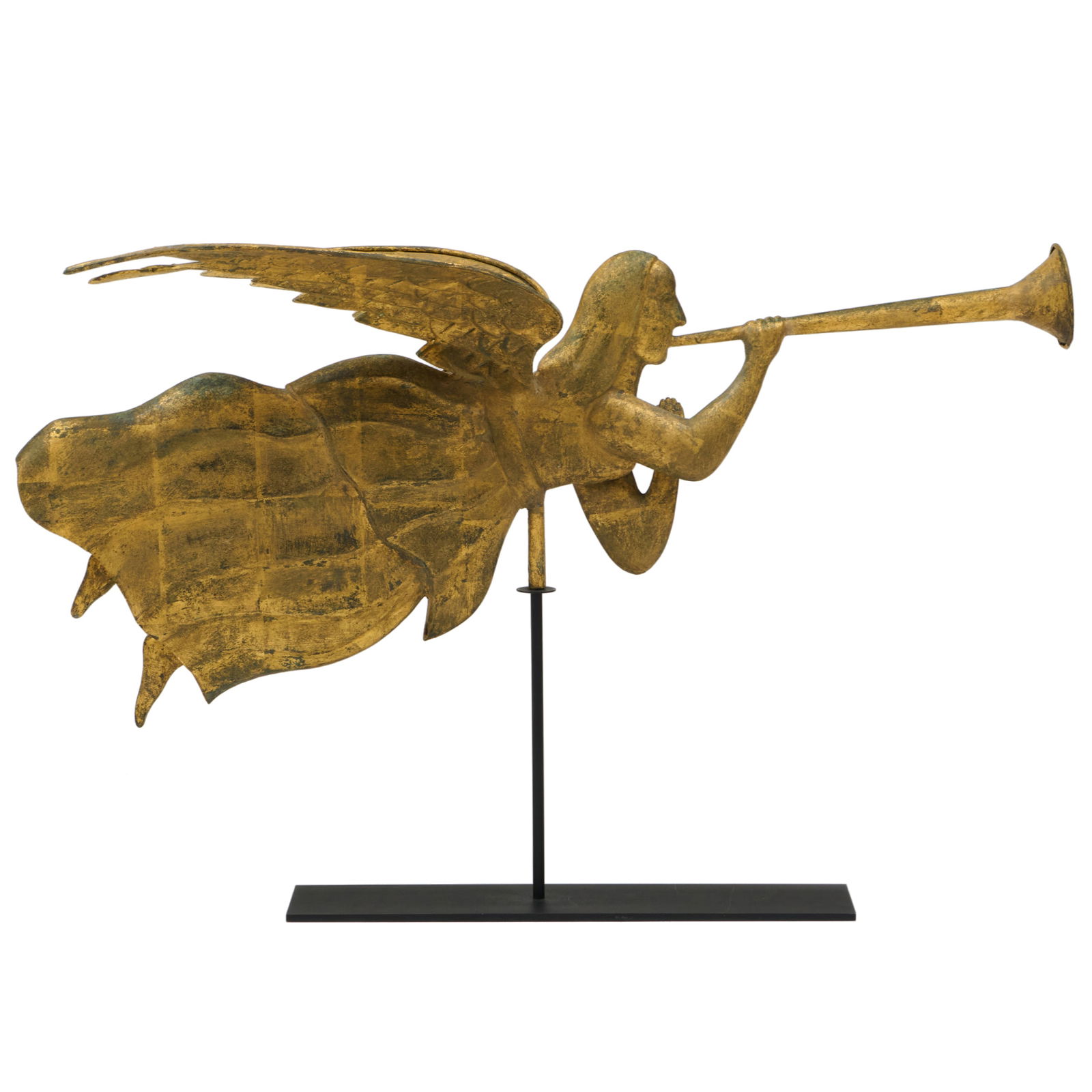 Molded and Gilt Copper Angel Gabriel Weathervane: Molded and Gilt Copper Angel Gabriel Weathervane On custom stand. The weathervane 18 x 33 x 10 in., 23 x 33 x 10 in. (overall).
