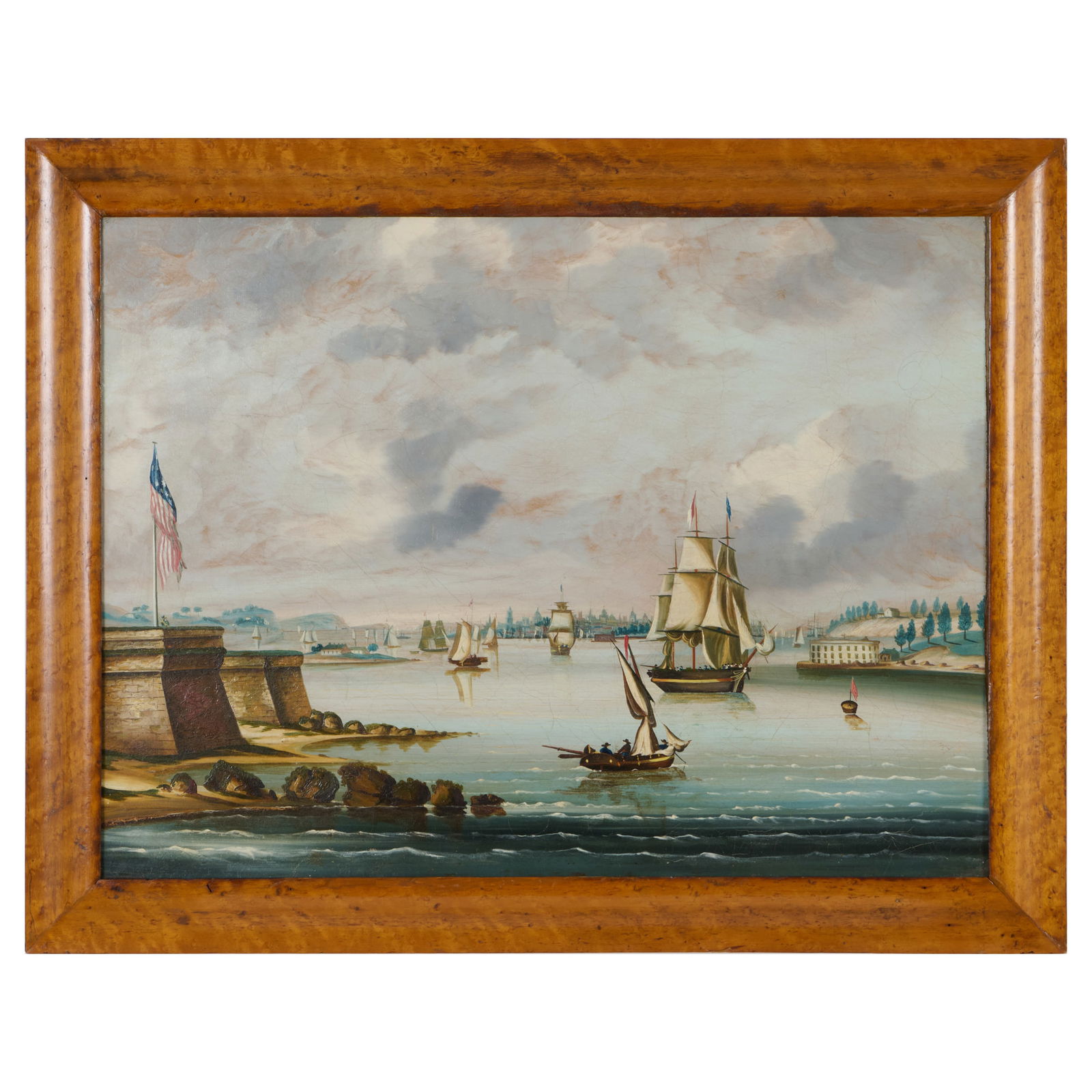 Thomas Chambers (1808-1869): View of Manhattan from Bedloe's Island: Thomas Chambers (1808-1869): View of Manhattan from Bedloe's IslandOil on canvas, unsigned, with label from Bland Gallery Inc., NY, lined.18 x 24 in., 21 1/2 x 27 1/2 in. (frame).Property of Rear