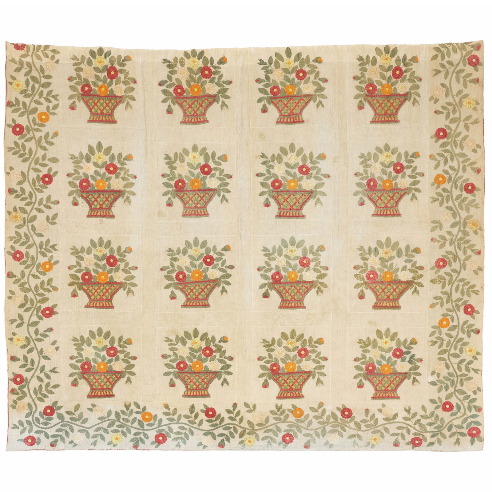 American Pieced and Appliqued Cotton Quilt: American Pieced and Appliqued Cotton QuiltFitted to be mounted on a wall, the fabric being looped to the reverse. 7 ft. 7 x 7 ft. 11 in. 