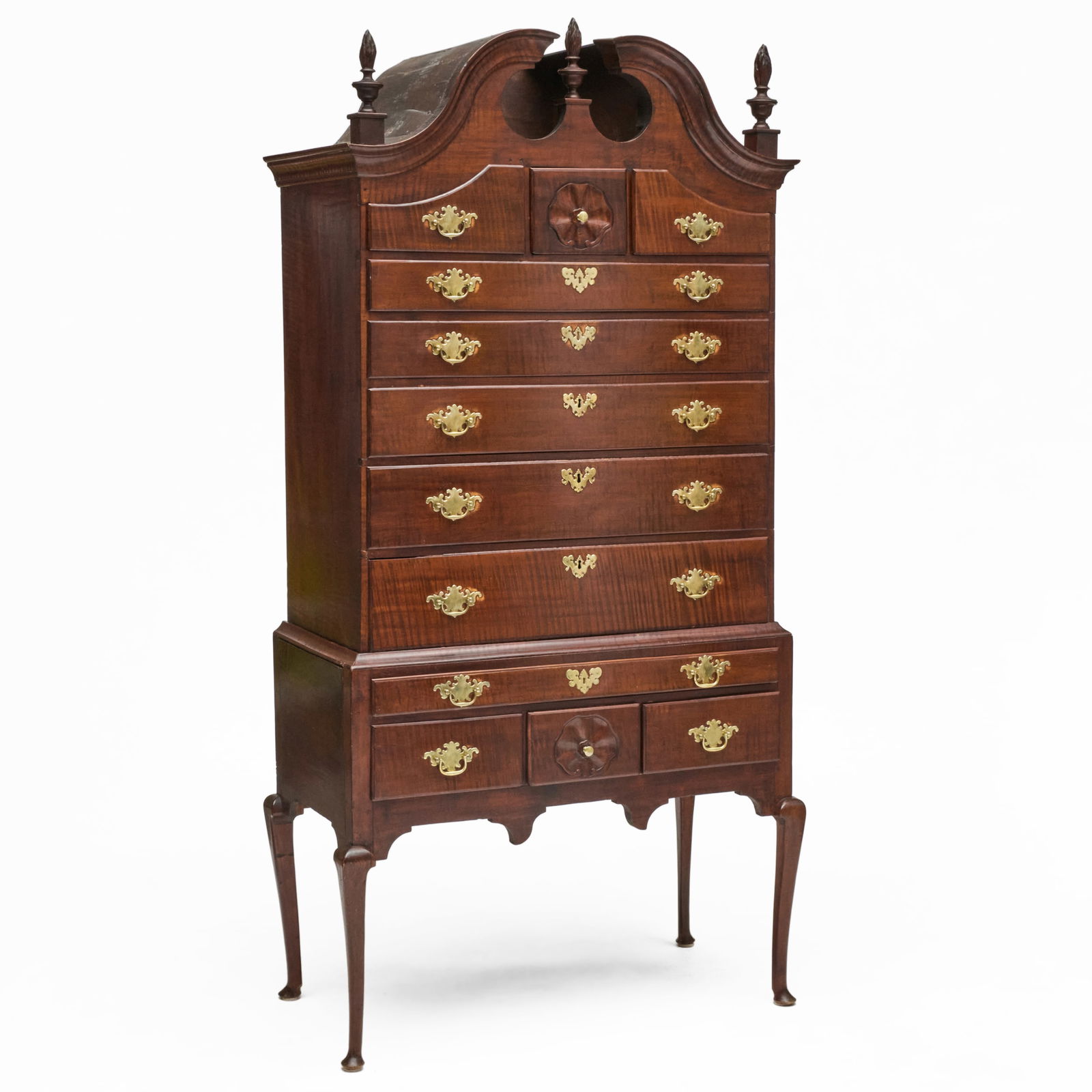 Queen Anne Figured Maple Bonnet Top Highboy: Queen Anne Figured Maple Bonnet Top HighboyIn two parts. 7 ft. x 43 x 23 in. 